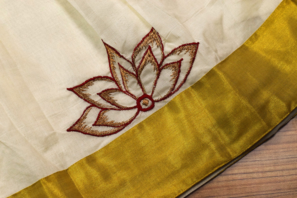 Girls Traditional Onam Skirt & Top Set – Off White Cotton Dress with Golden Kasavu Border & Lotus Embroidery