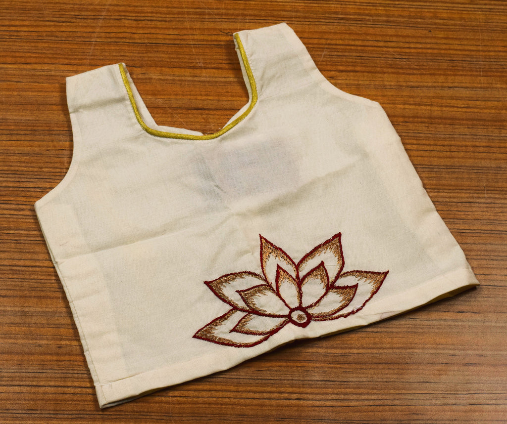 Girls Traditional Onam Skirt & Top Set – Off White Cotton Dress with Golden Kasavu Border & Lotus Embroidery