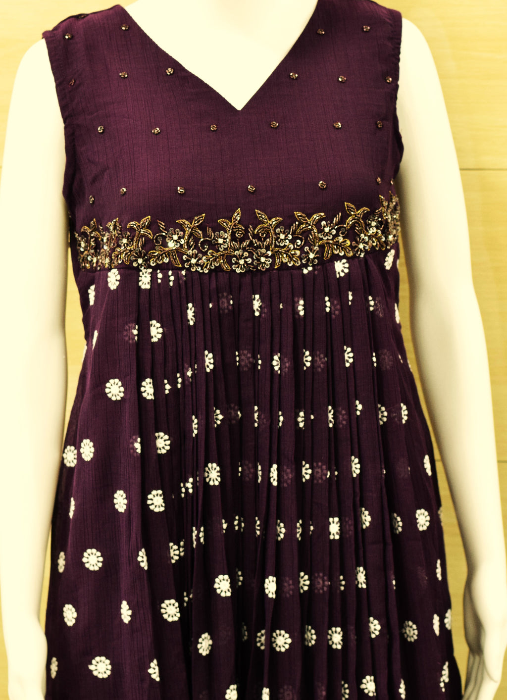 Women's Mull Chiffon Embroidered Churidar Top – Sleeveless V-Neck Printed Kurti (Top Only with Sleeve Fabric Inside) – Purple