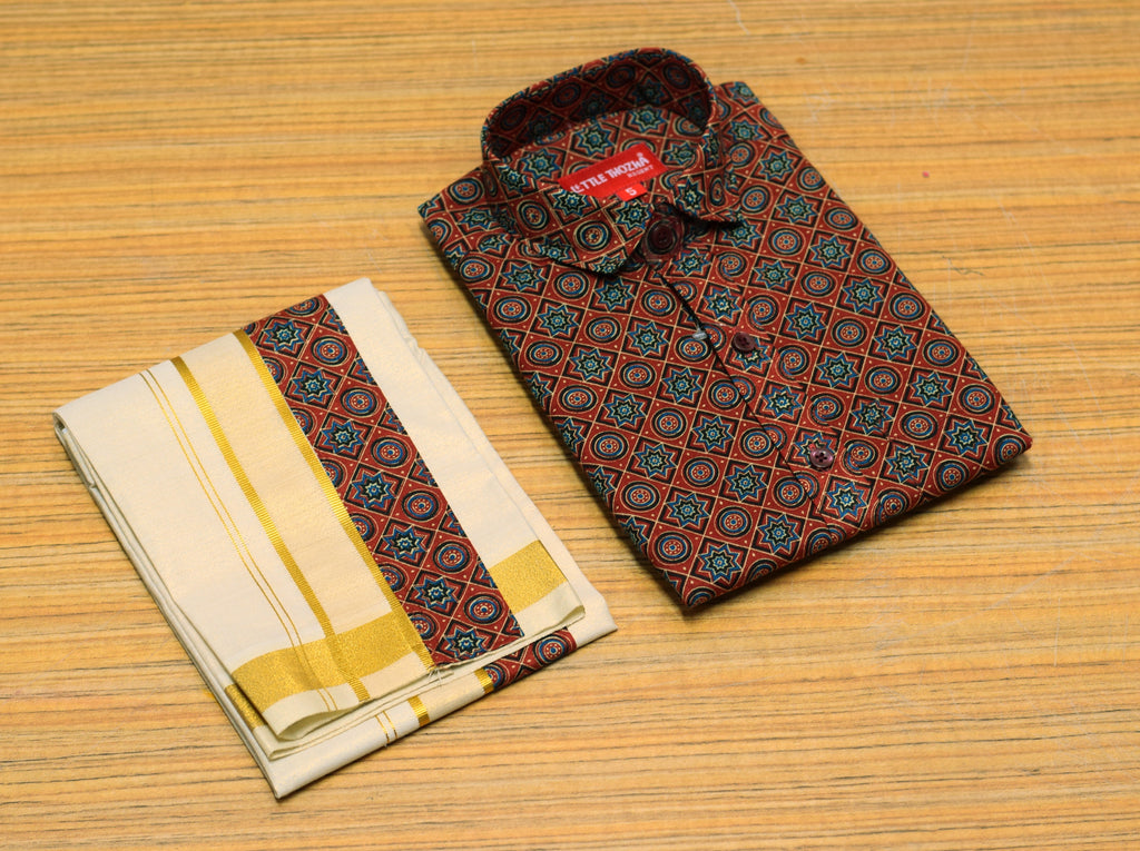 Kids Onam Shirt & Kasavu Dhoti Combo Set | Traditional Kerala Festive Wear | Maroon Printed Shirt with White Kasavu Mundu