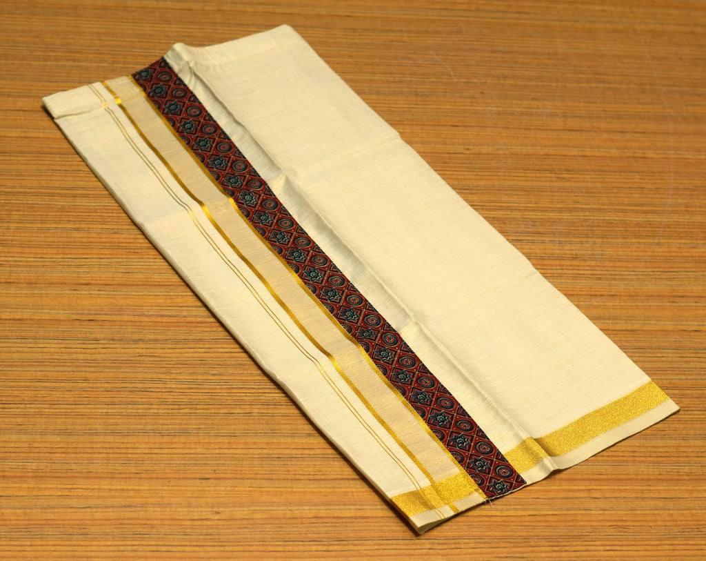 Kids Onam Shirt & Kasavu Dhoti Combo Set | Traditional Kerala Festive Wear | Maroon Printed Shirt with White Kasavu Mundu