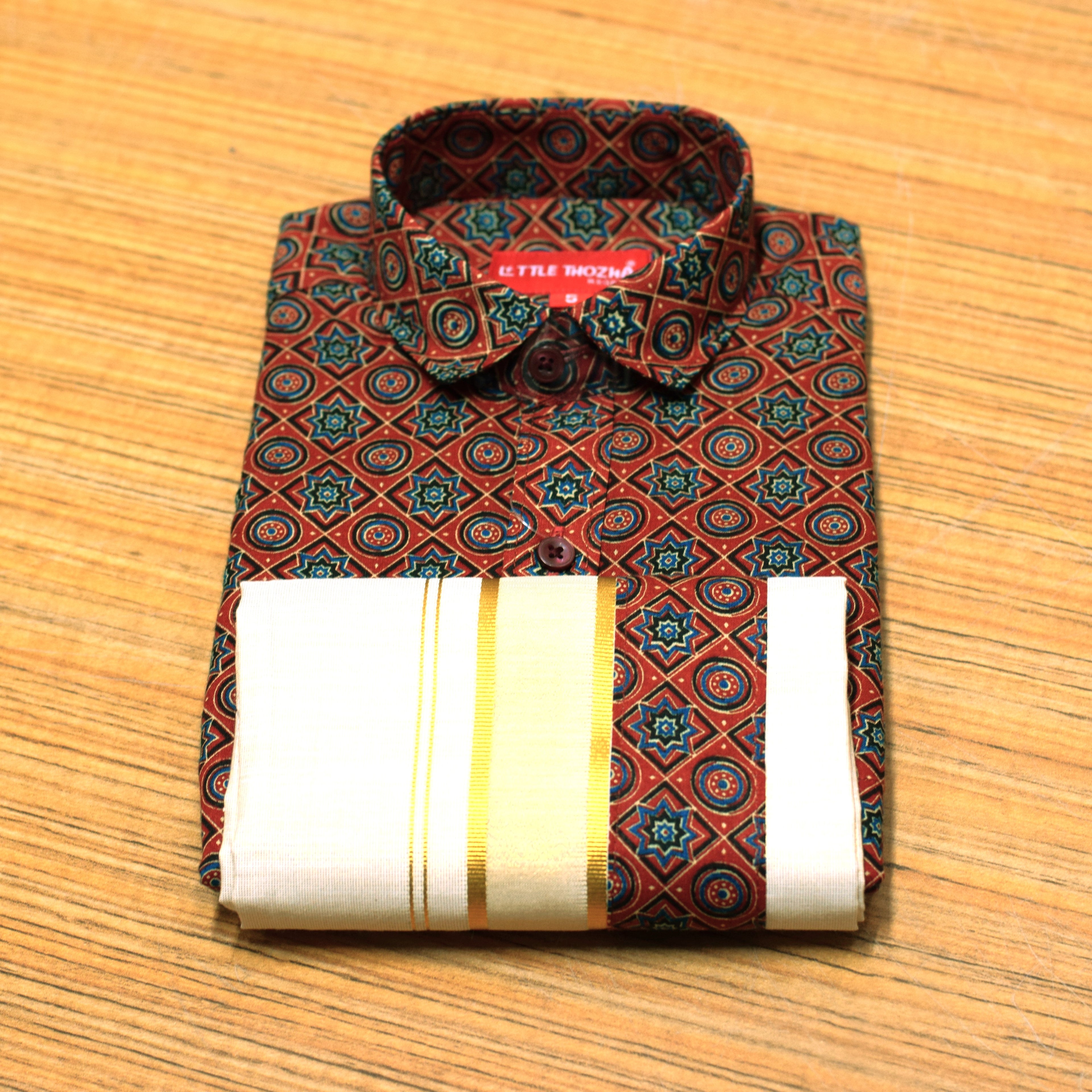 Kids Onam Shirt & Kasavu Dhoti Combo Set | Traditional Kerala Festive Wear | Maroon Printed Shirt with White Kasavu Mundu