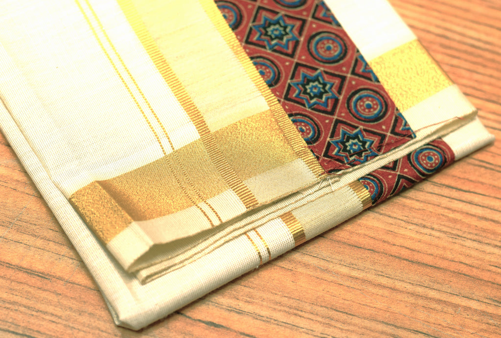 Kids Onam Shirt & Kasavu Dhoti Combo Set | Traditional Kerala Festive Wear | Maroon Printed Shirt with White Kasavu Mundu