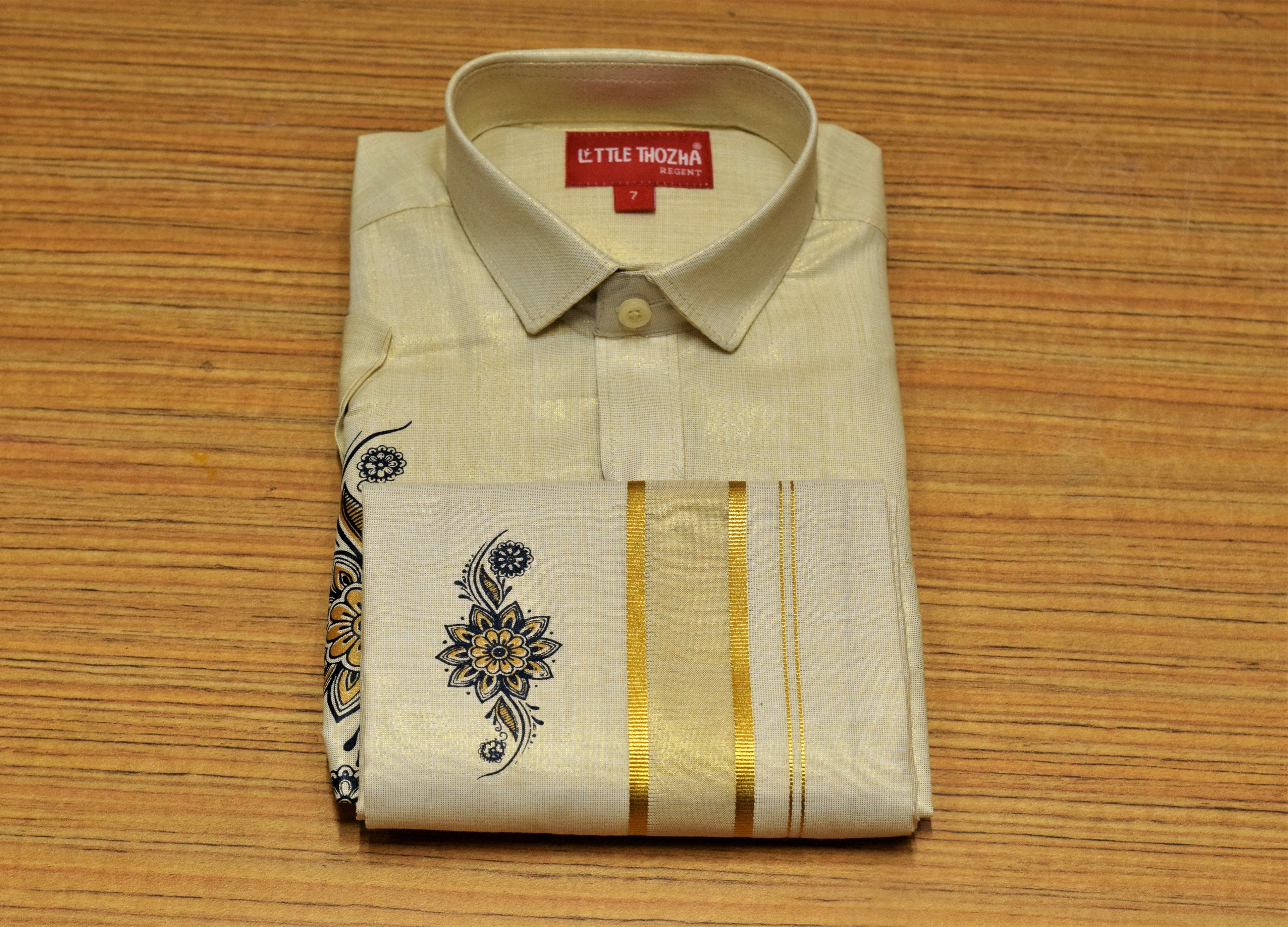 Kids Onam Shirt & Velcro Dhoti Combo Set – Cream Ethnic Shirt with Golden Kasavu Mundu | Traditional Kerala Festival Wear for Boys