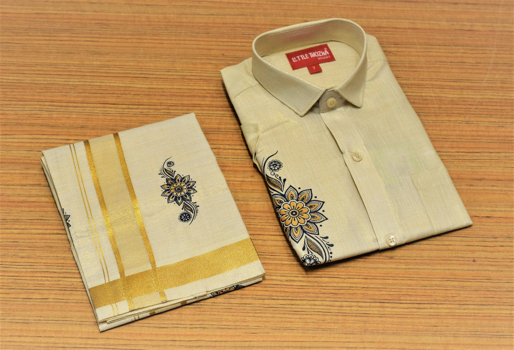 Kids Onam Shirt & Velcro Dhoti Combo Set – Cream Ethnic Shirt with Golden Kasavu Mundu | Traditional Kerala Festival Wear for Boys