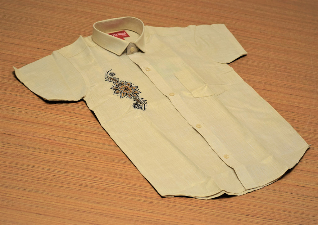 Kids Onam Shirt & Velcro Dhoti Combo Set – Cream Ethnic Shirt with Golden Kasavu Mundu | Traditional Kerala Festival Wear for Boys
