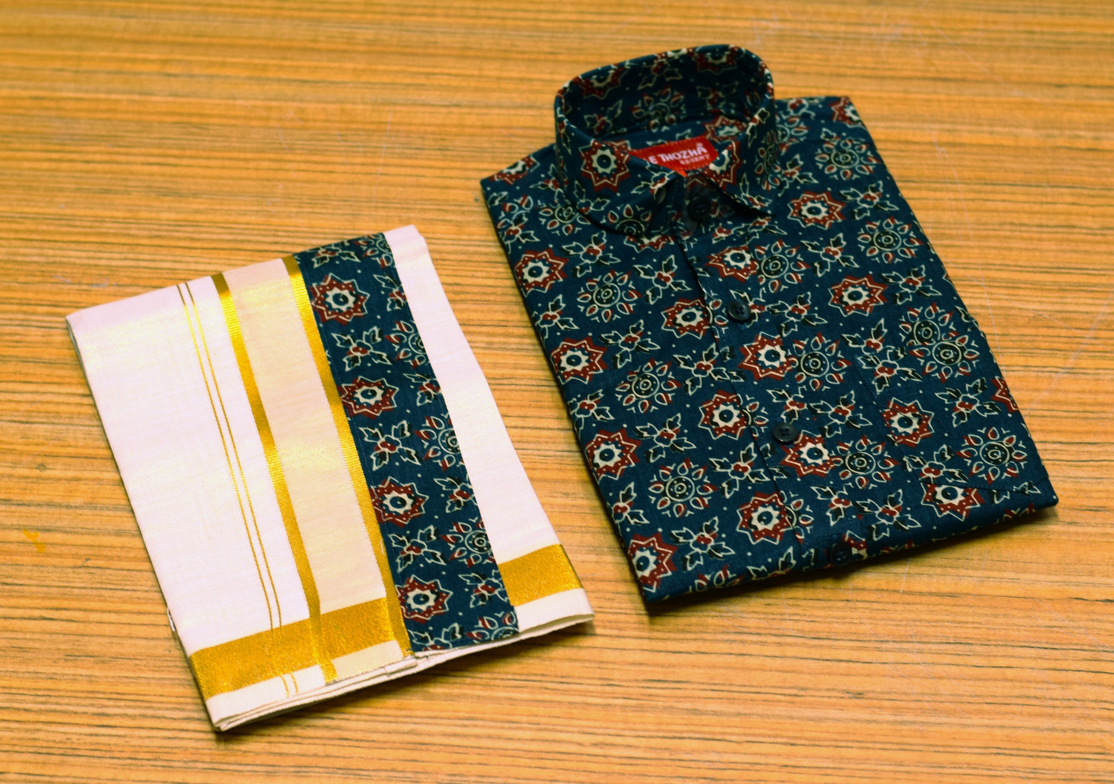 Kids Onam Shirt & Kasavu Dhoti Combo Set – Navy Blue Printed Cotton Shirt with Traditional Kerala Mundu