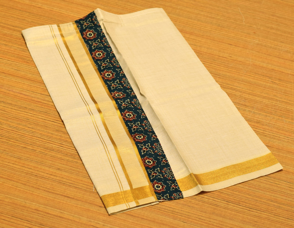 Kids Onam Shirt & Kasavu Dhoti Combo Set – Navy Blue Printed Cotton Shirt with Traditional Kerala Mundu