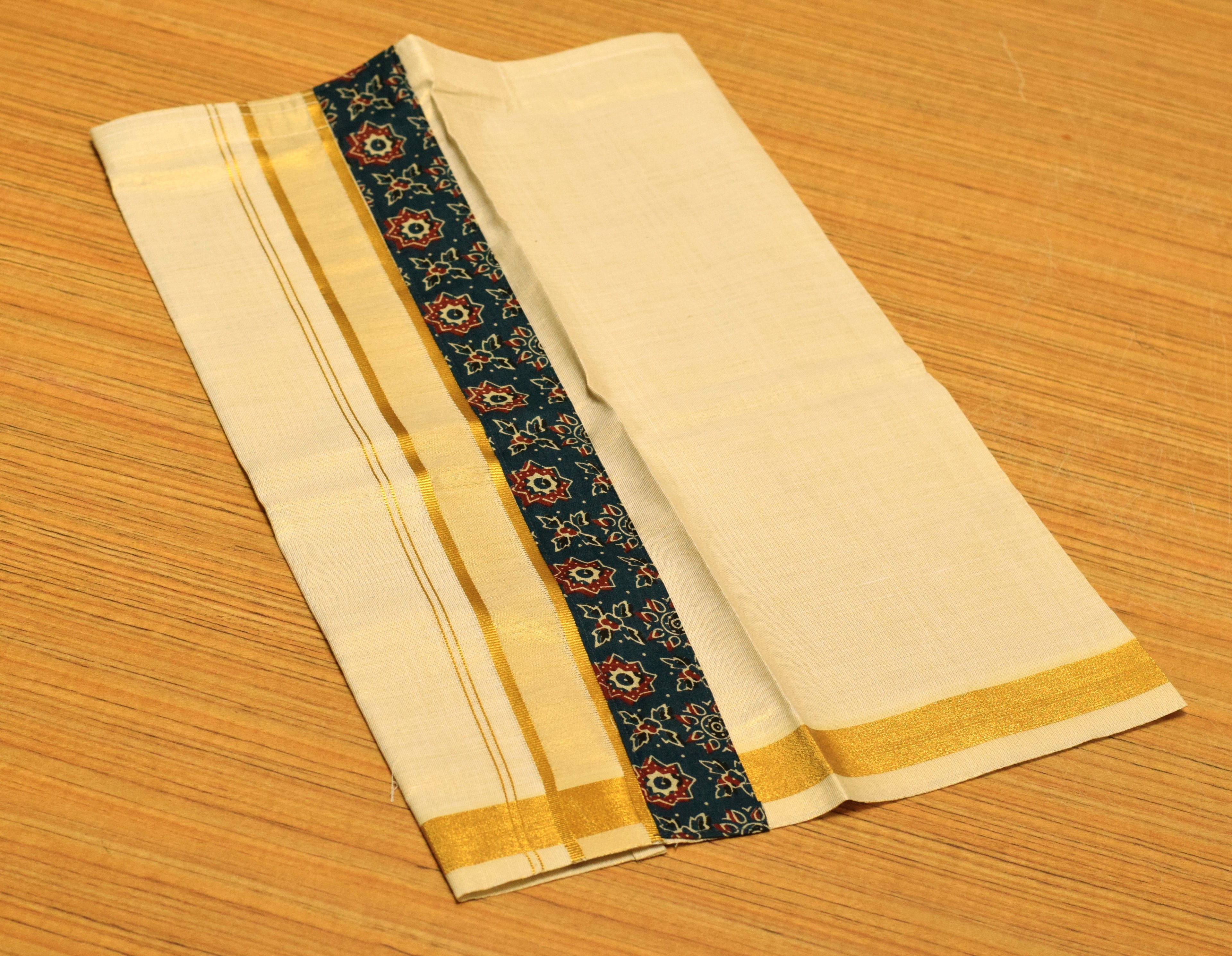 Kids Onam Shirt & Kasavu Dhoti Combo Set – Navy Blue Printed Cotton Shirt with Traditional Kerala Mundu