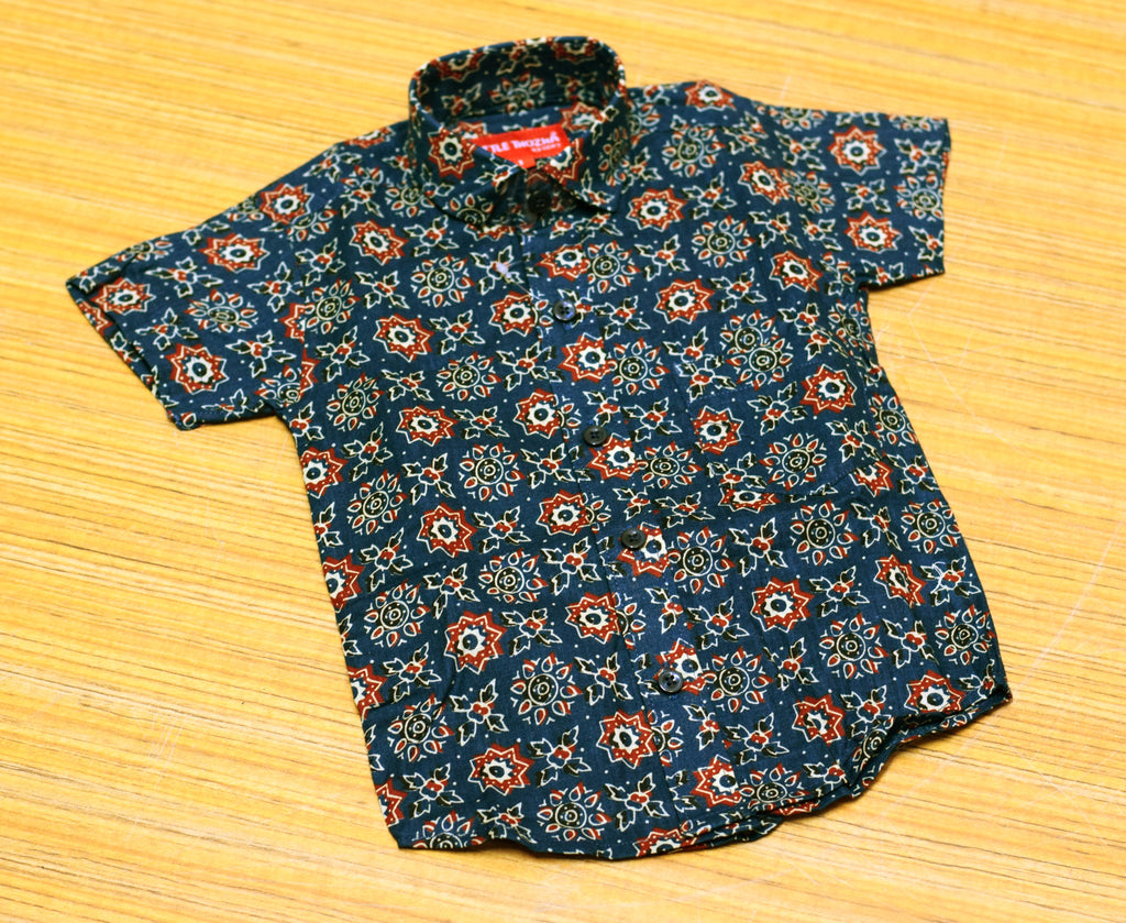 Kids Onam Shirt & Kasavu Dhoti Combo Set – Navy Blue Printed Cotton Shirt with Traditional Kerala Mundu