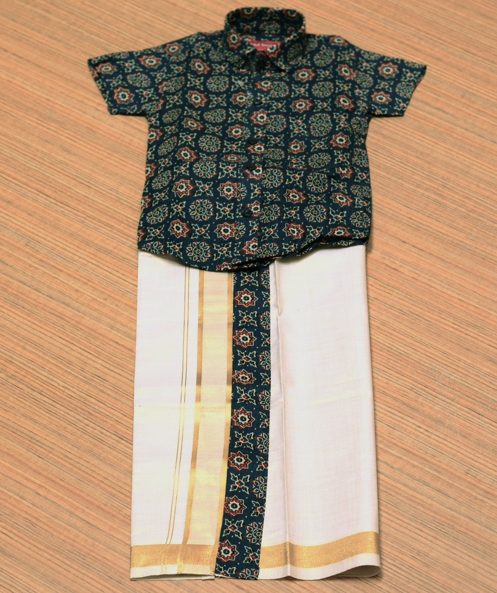 Kids Onam Shirt & Kasavu Dhoti Combo Set – Navy Blue Printed Cotton Shirt with Traditional Kerala Mundu