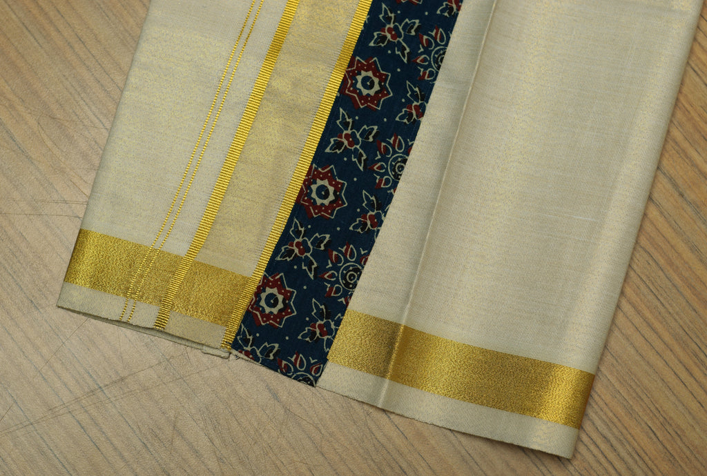Kids Onam Shirt & Kasavu Dhoti Combo Set – Navy Blue Printed Cotton Shirt with Traditional Kerala Mundu