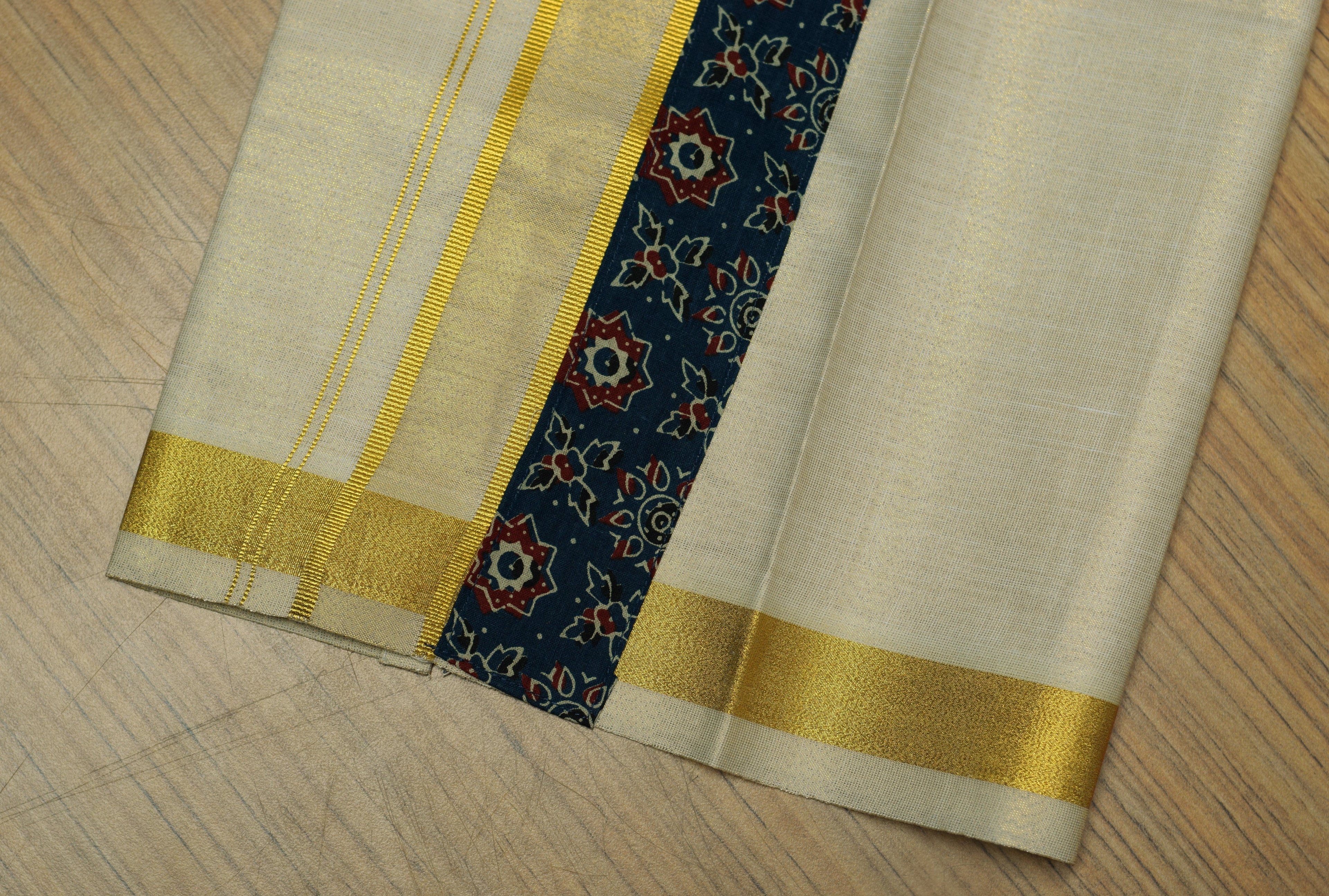 Kids Onam Shirt & Kasavu Dhoti Combo Set – Navy Blue Printed Cotton Shirt with Traditional Kerala Mundu