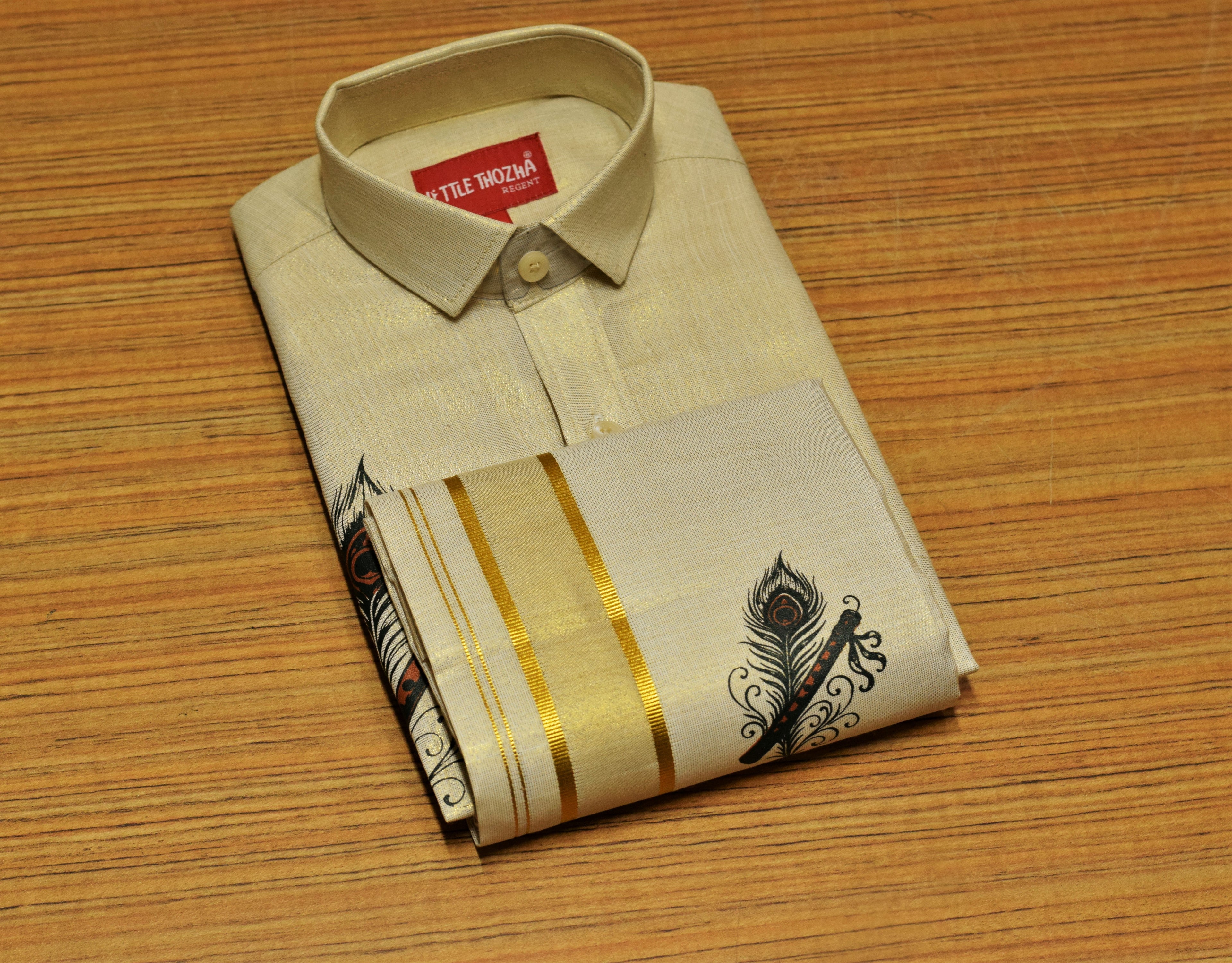 Kids Onam Tissue Fabric Shirt &Velcro Dhoti Combo Set – Cream Ethnic Shirt with Krishna Flute Print & Golden Kasavu Mundu | Traditional Kerala Festival Wear for Boys