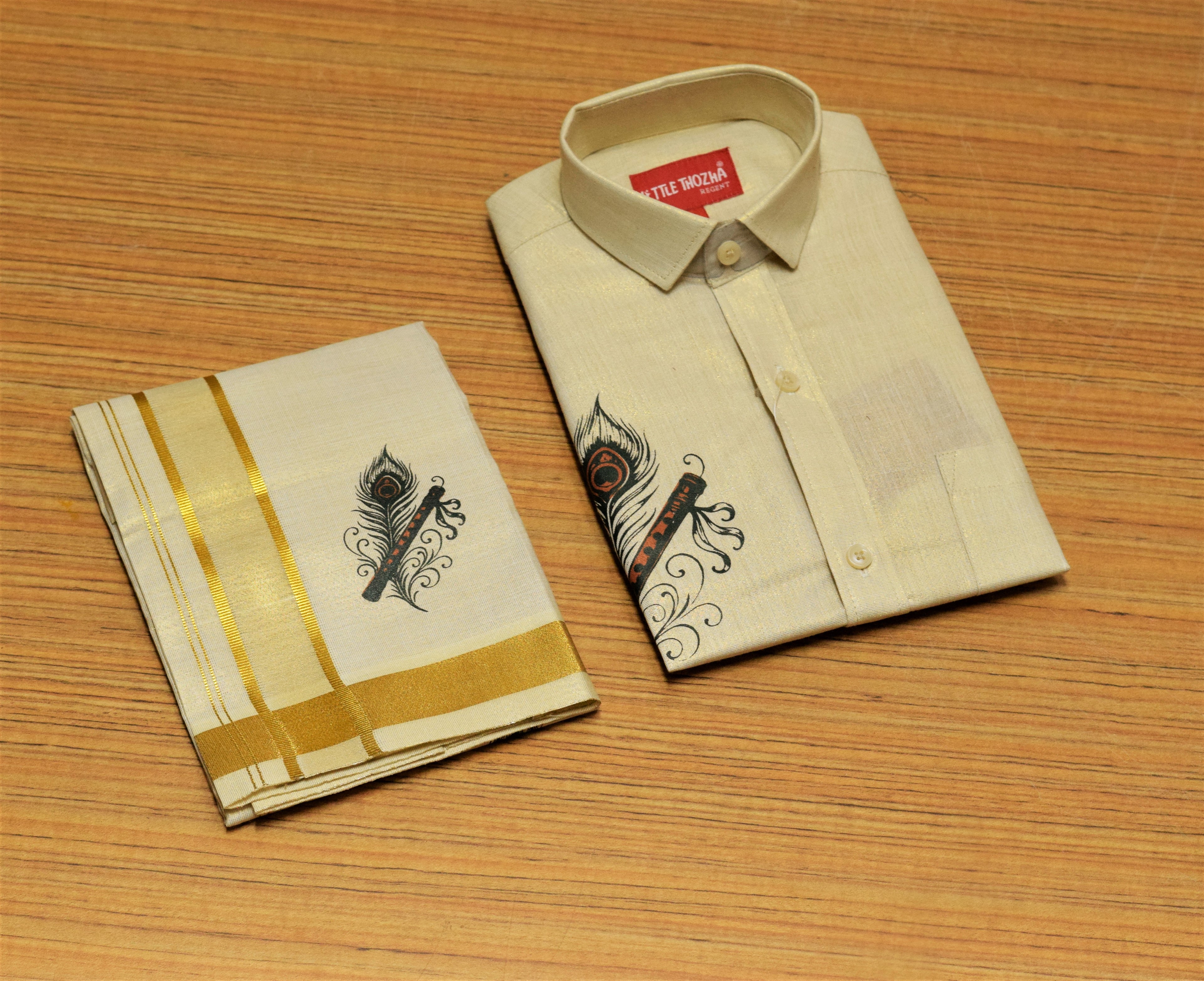 Kids Onam Tissue Fabric Shirt &Velcro Dhoti Combo Set – Cream Ethnic Shirt with Krishna Flute Print & Golden Kasavu Mundu | Traditional Kerala Festival Wear for Boys
