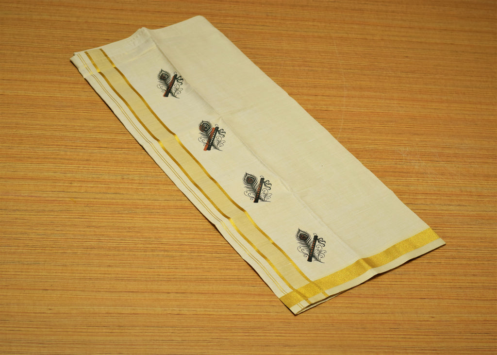 Kids Onam Tissue Fabric Shirt &Velcro Dhoti Combo Set – Cream Ethnic Shirt with Krishna Flute Print & Golden Kasavu Mundu | Traditional Kerala Festival Wear for Boys