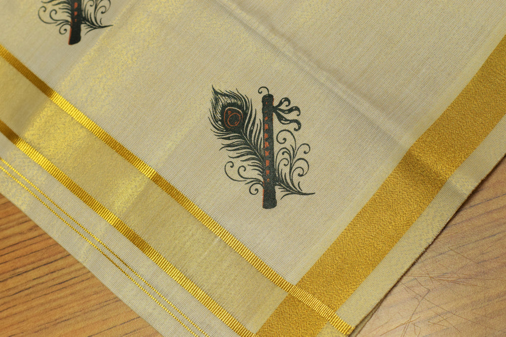 Kids Onam Tissue Fabric Shirt &Velcro Dhoti Combo Set – Cream Ethnic Shirt with Krishna Flute Print & Golden Kasavu Mundu | Traditional Kerala Festival Wear for Boys