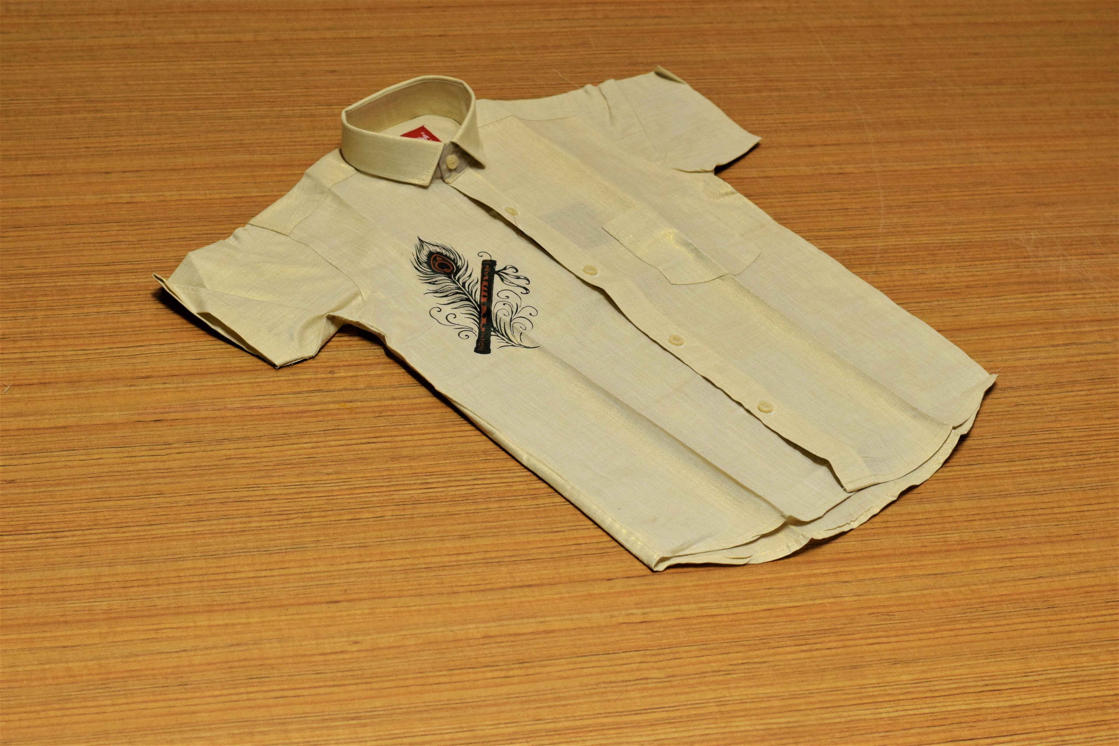Kids Onam Tissue Fabric Shirt &Velcro Dhoti Combo Set – Cream Ethnic Shirt with Krishna Flute Print & Golden Kasavu Mundu | Traditional Kerala Festival Wear for Boys
