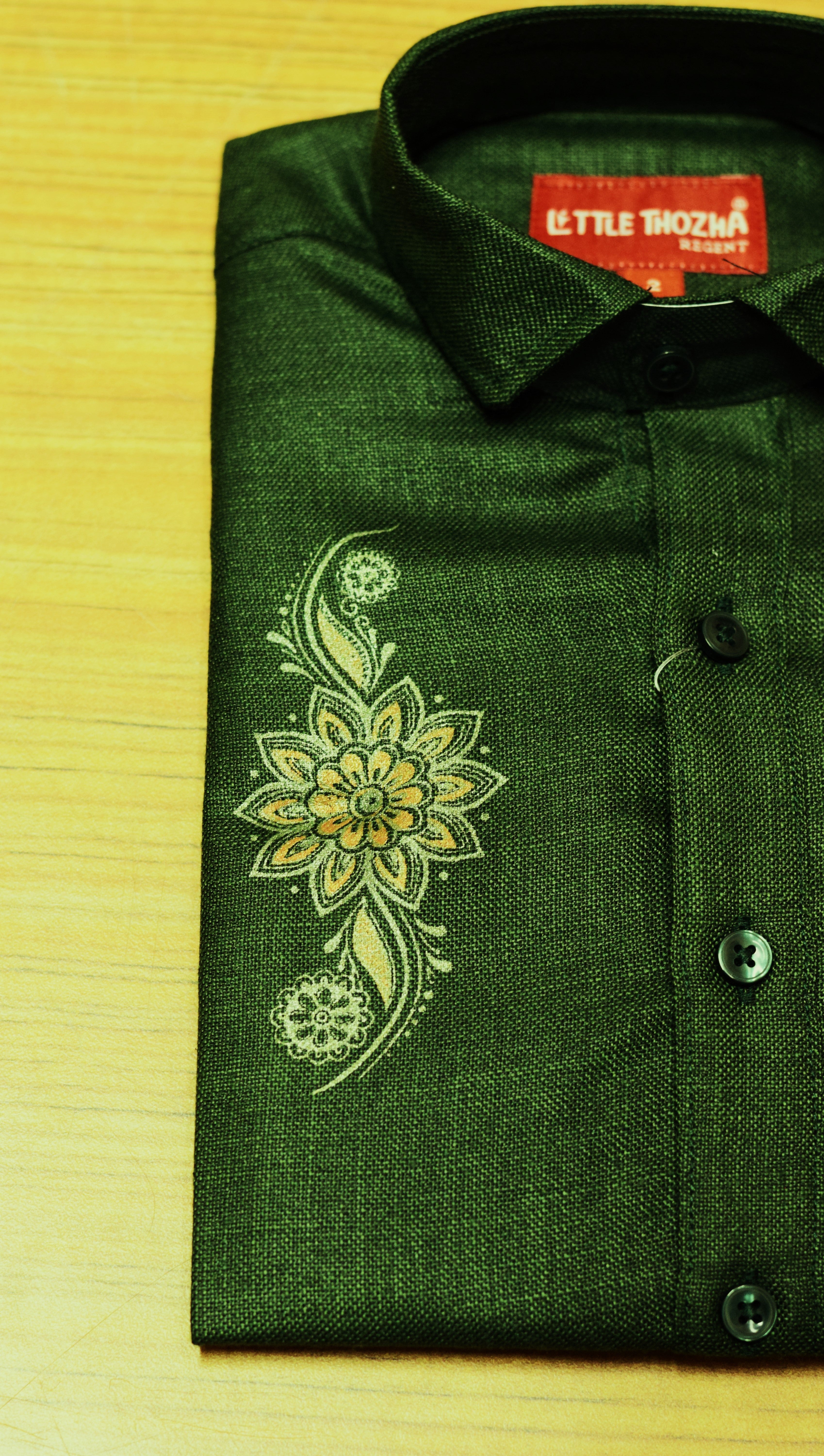 Kids Onam Dark Green Shirt & Traditional Kasavu Dhoti Combo Set | Festive Ethnic Wear for Boys