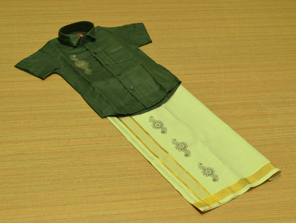 Kids Onam Dark Green Shirt & Traditional Kasavu Dhoti Combo Set | Festive Ethnic Wear for Boys