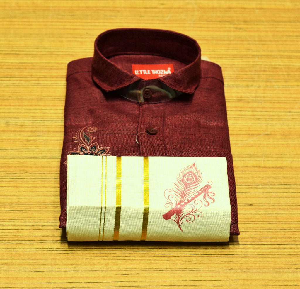Kids Onam Maroon Embroidered Shirt & Kerala Dhoti Combo Set | Traditional Festive Wear for Boys