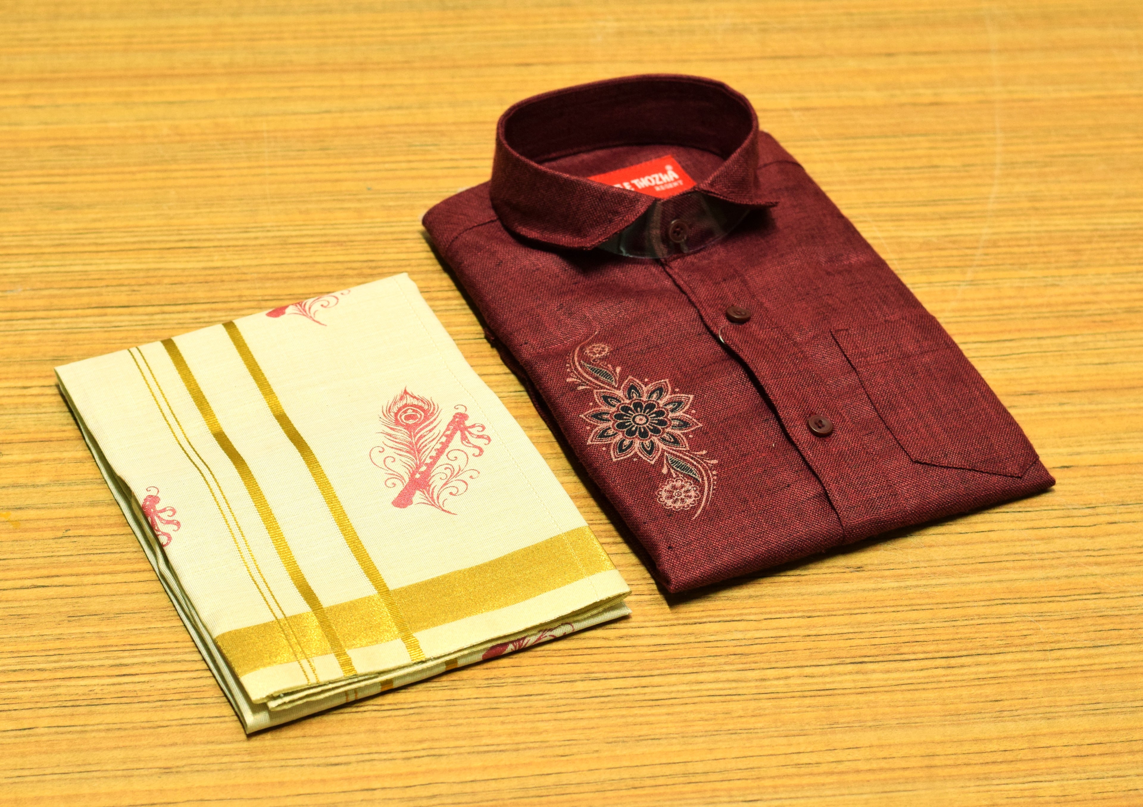 Kids Onam Maroon Embroidered Shirt & Kerala Dhoti Combo Set | Traditional Festive Wear for Boys