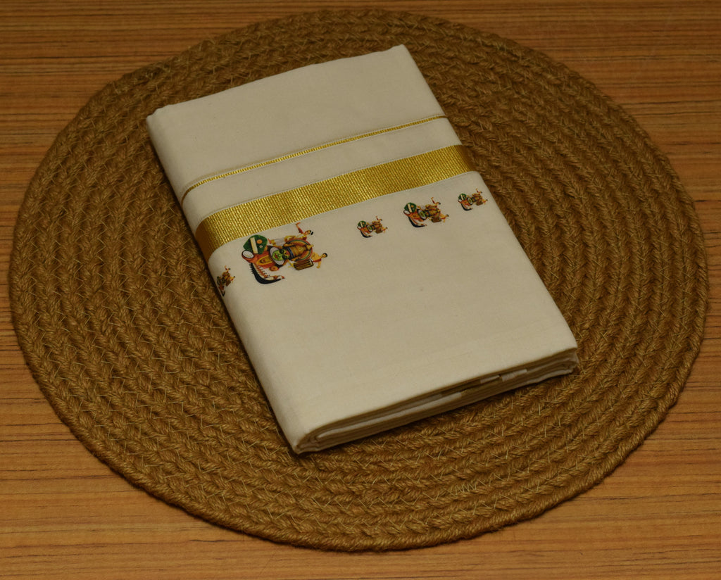 Kodi Color Cotton Blend Double Mundu with Kathakali Butta Sticker Print | Traditional Kerala Dhoti | Gold Kasavu Border