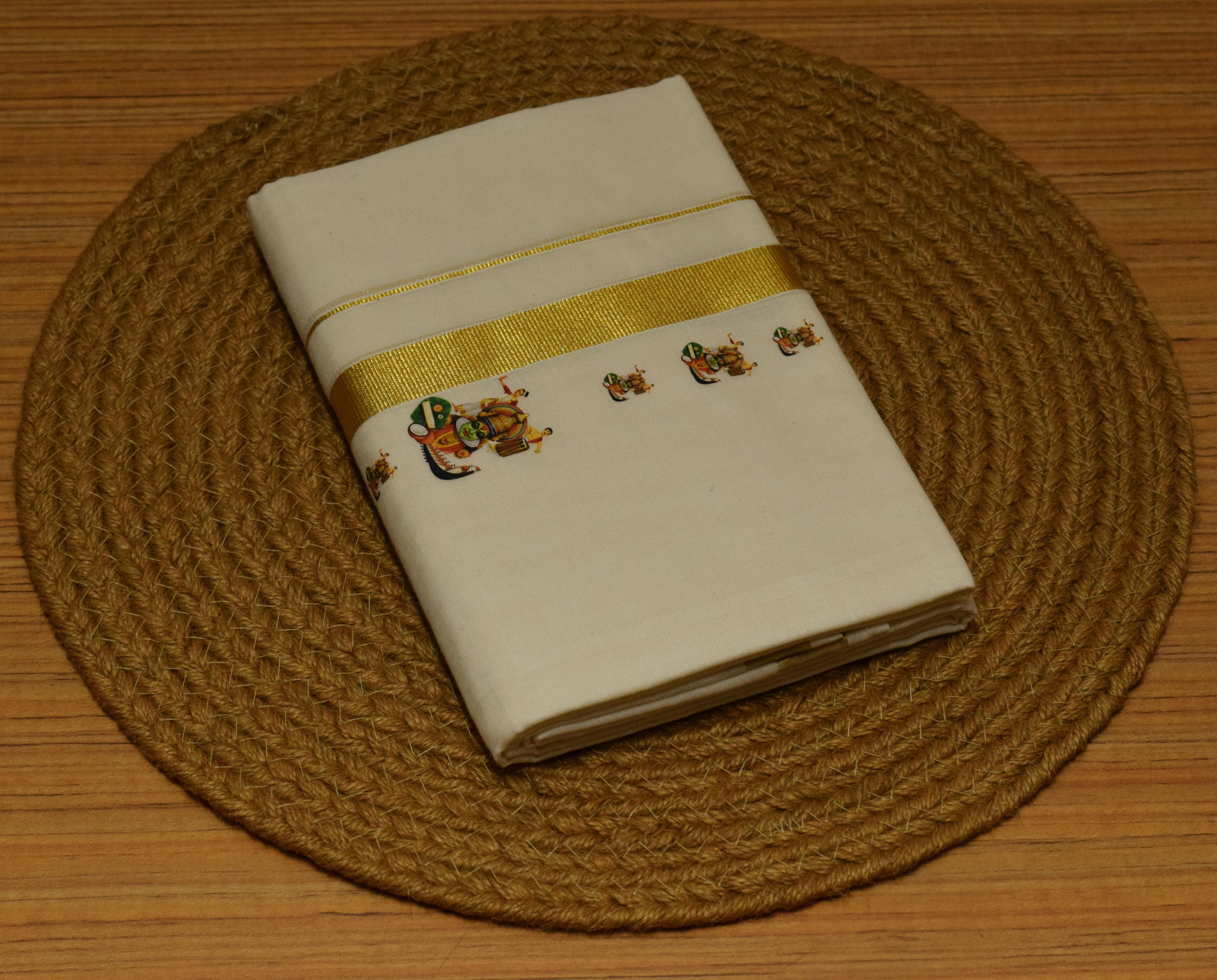Kodi Color Cotton Blend Double Mundu with Kathakali Butta Sticker Print | Traditional Kerala Dhoti | Gold Kasavu Border