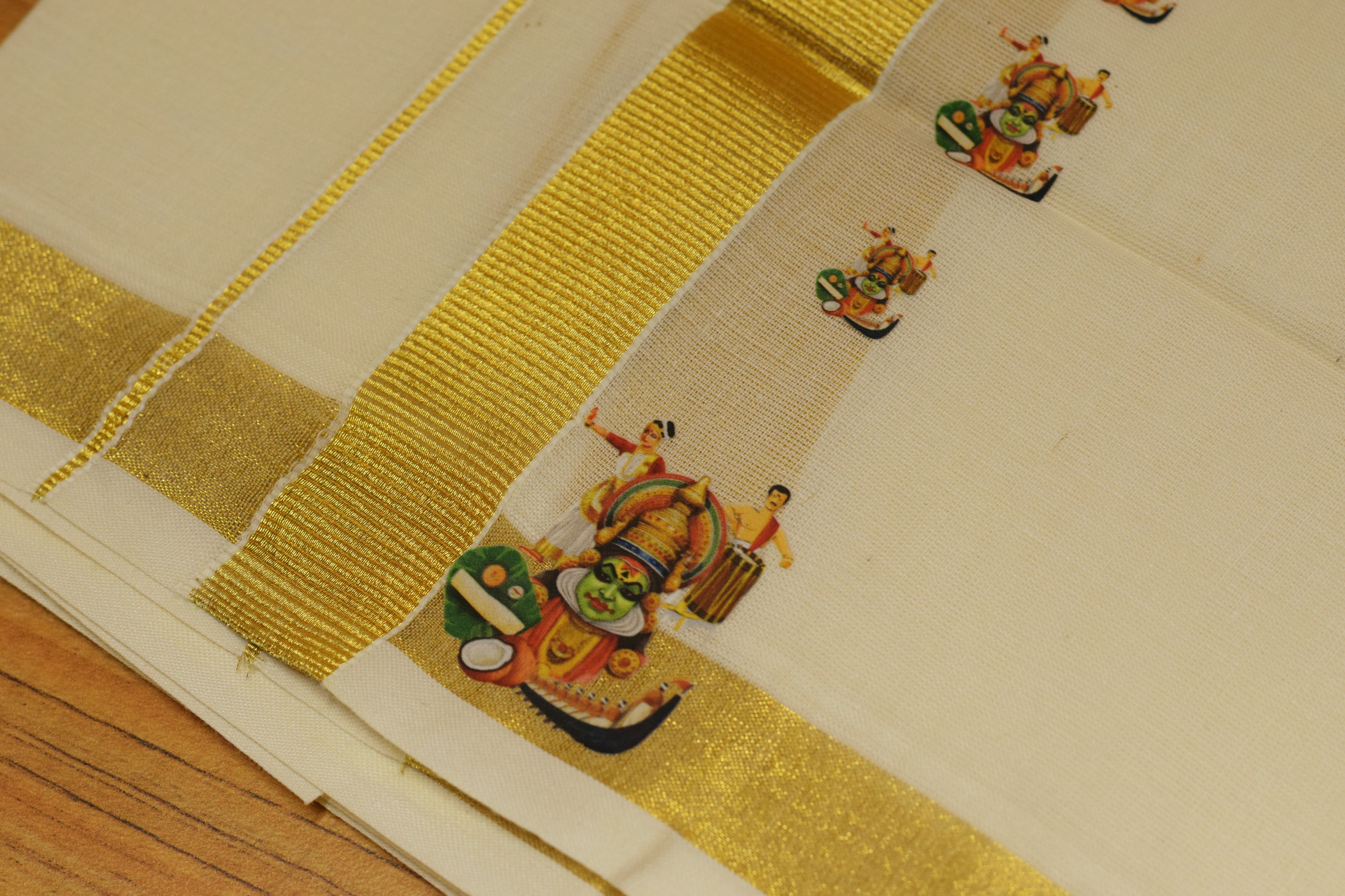 Kodi Color Cotton Blend Double Mundu with Kathakali Butta Sticker Print | Traditional Kerala Dhoti | Gold Kasavu Border