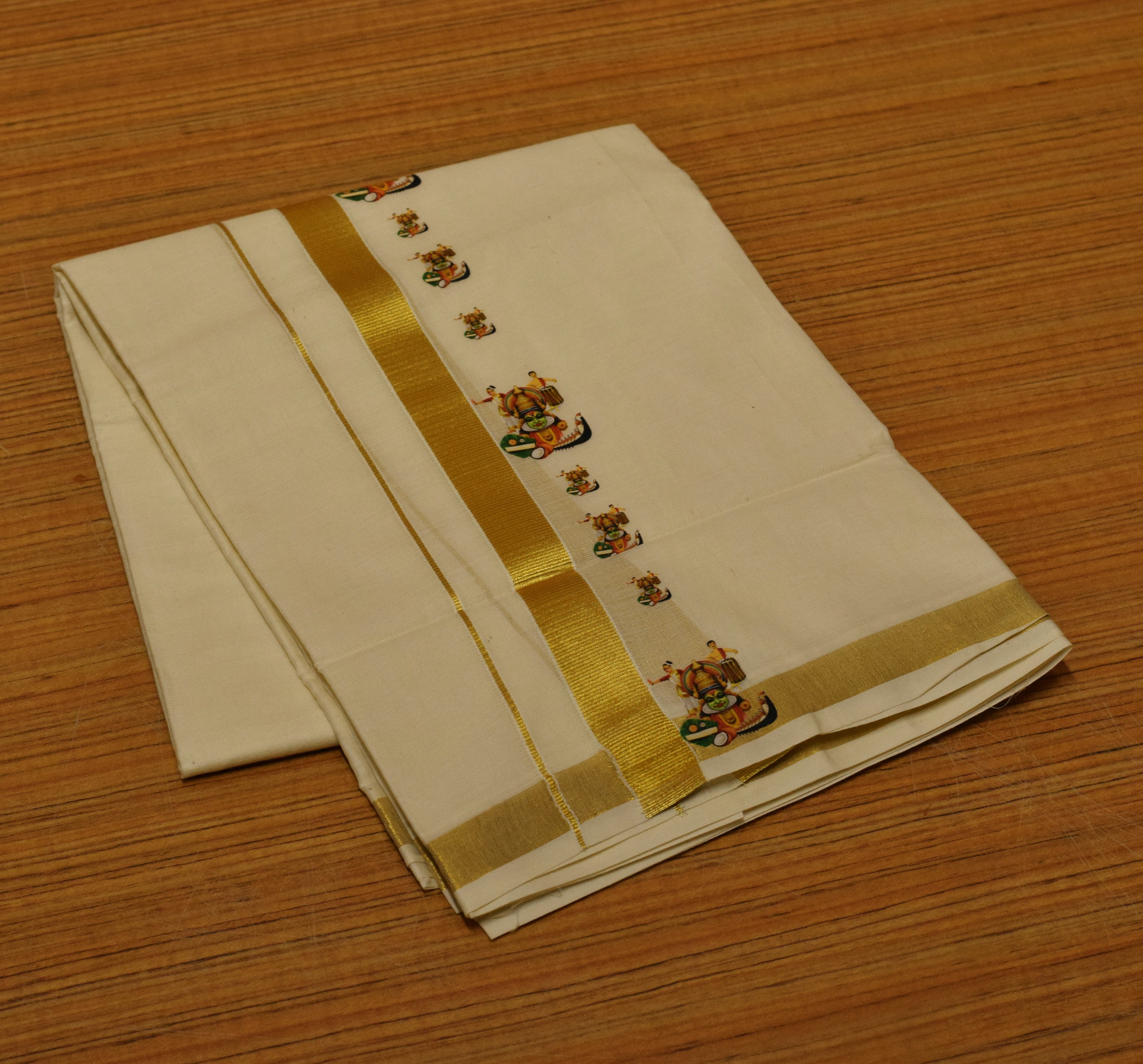 Kodi Color Cotton Blend Double Mundu with Kathakali Butta Sticker Print | Traditional Kerala Dhoti | Gold Kasavu Border