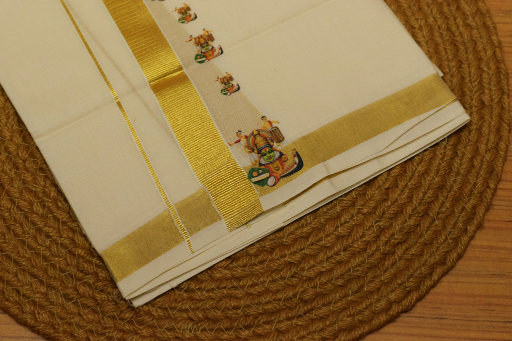 Kodi Color Cotton Blend Double Mundu with Kathakali Butta Sticker Print | Traditional Kerala Dhoti | Gold Kasavu Border