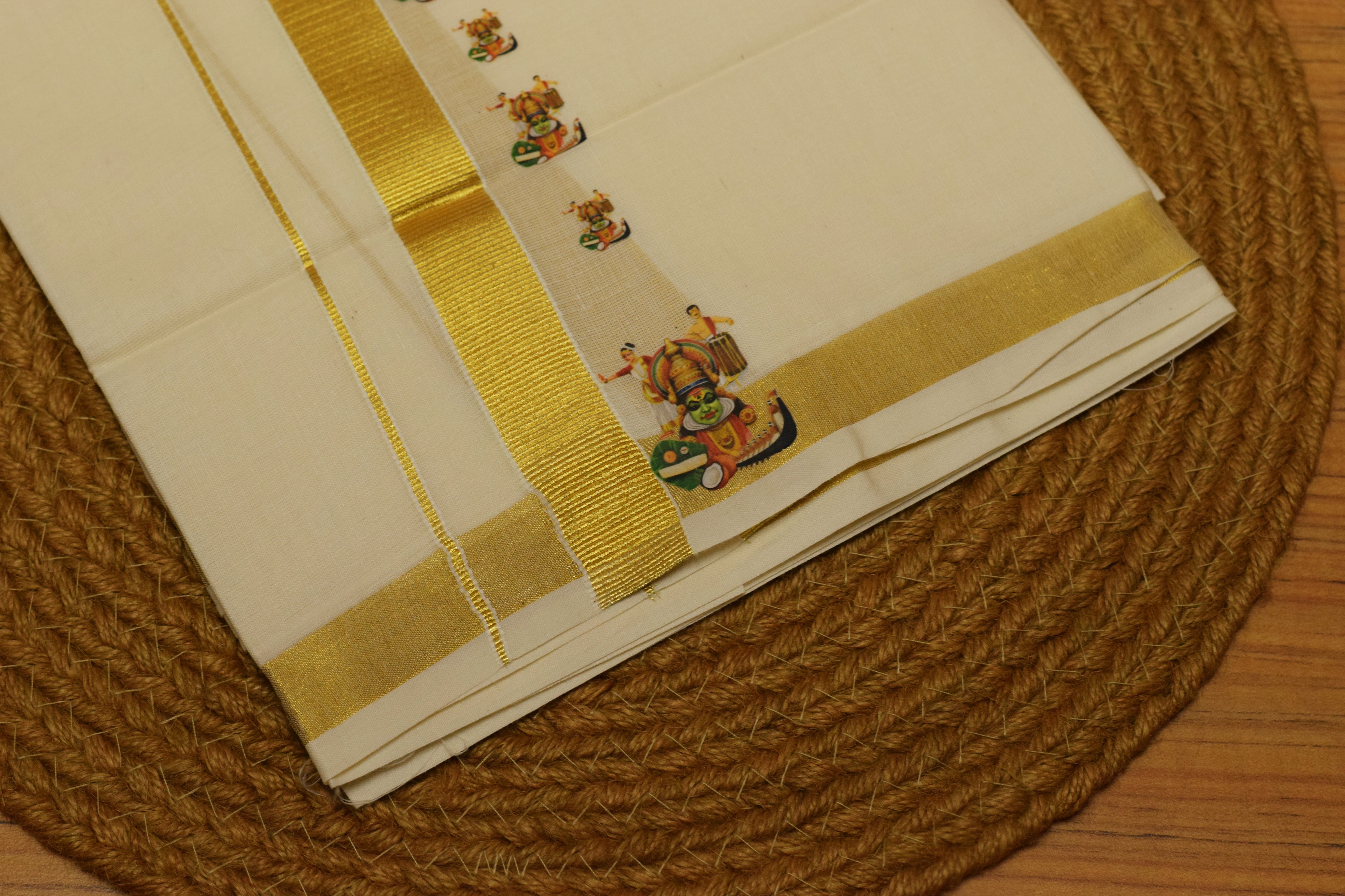 Kodi Color Cotton Blend Double Mundu with Kathakali Butta Sticker Print | Traditional Kerala Dhoti | Gold Kasavu Border