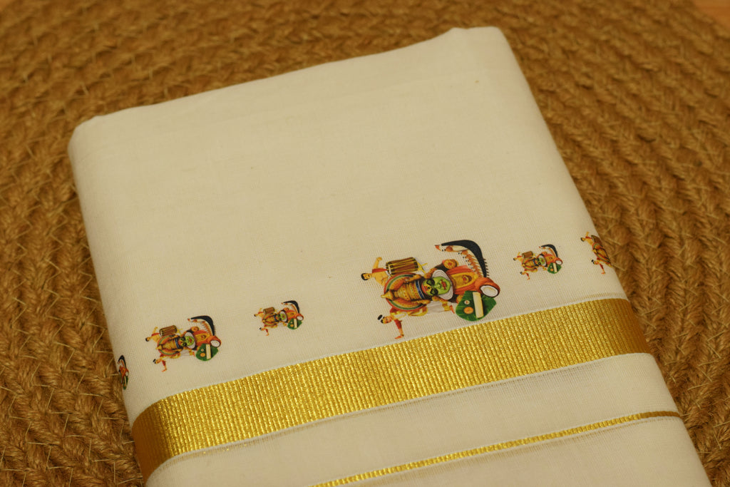 Kodi Color Cotton Blend Double Mundu with Kathakali Butta Sticker Print | Traditional Kerala Dhoti | Gold Kasavu Border