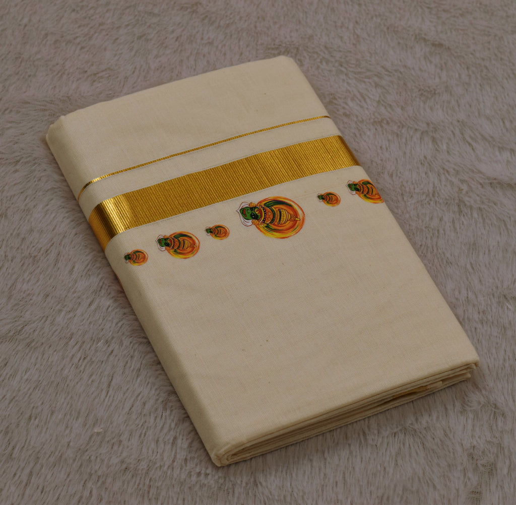Kodi Color Cotton Blend Double Mundu with Kathakali Butta Sticker Print | Traditional Kerala Kasavu Dhoti