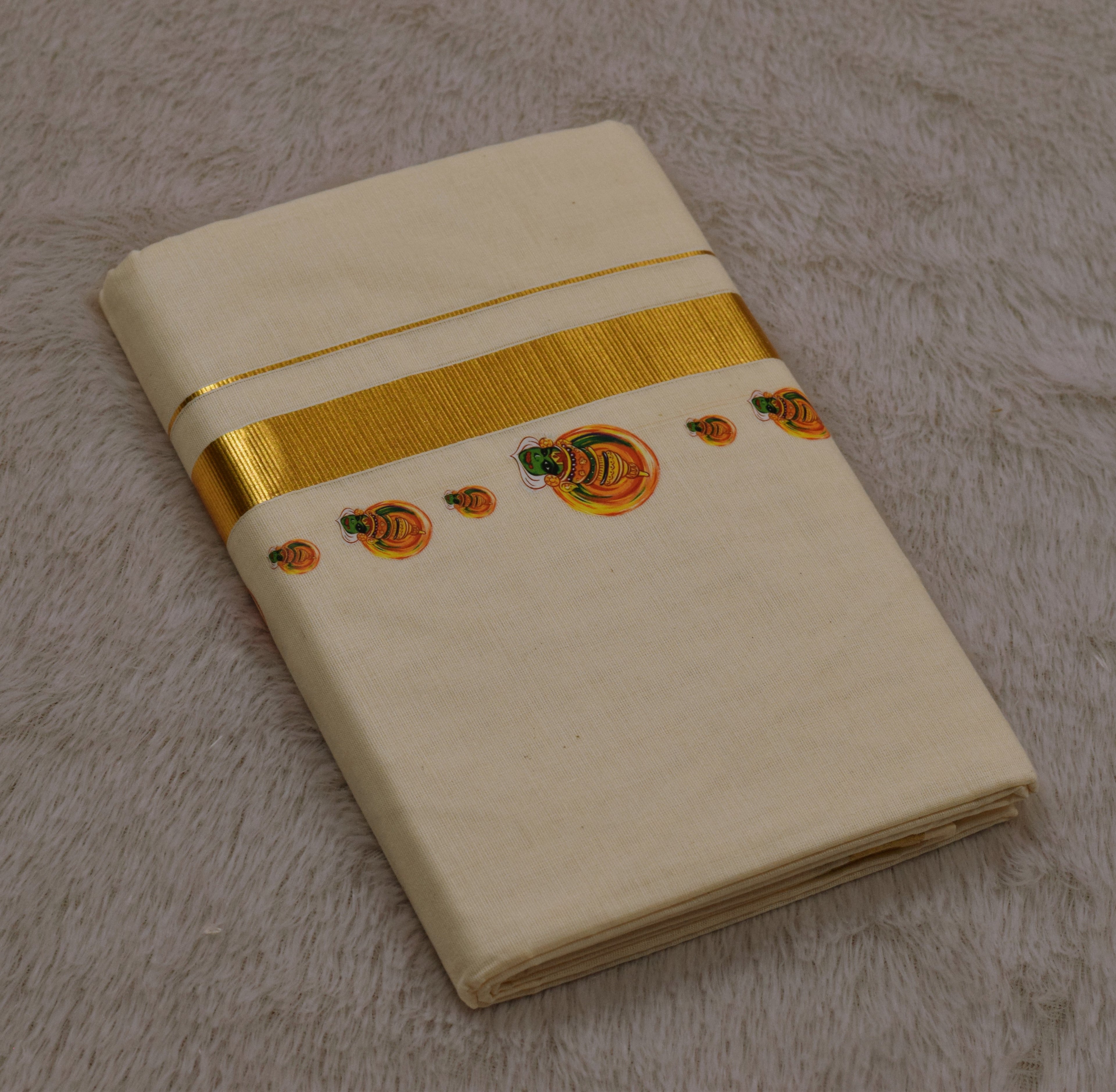 Kodi Color Cotton Blend Double Mundu with Kathakali Butta Sticker Print | Traditional Kerala Kasavu Dhoti