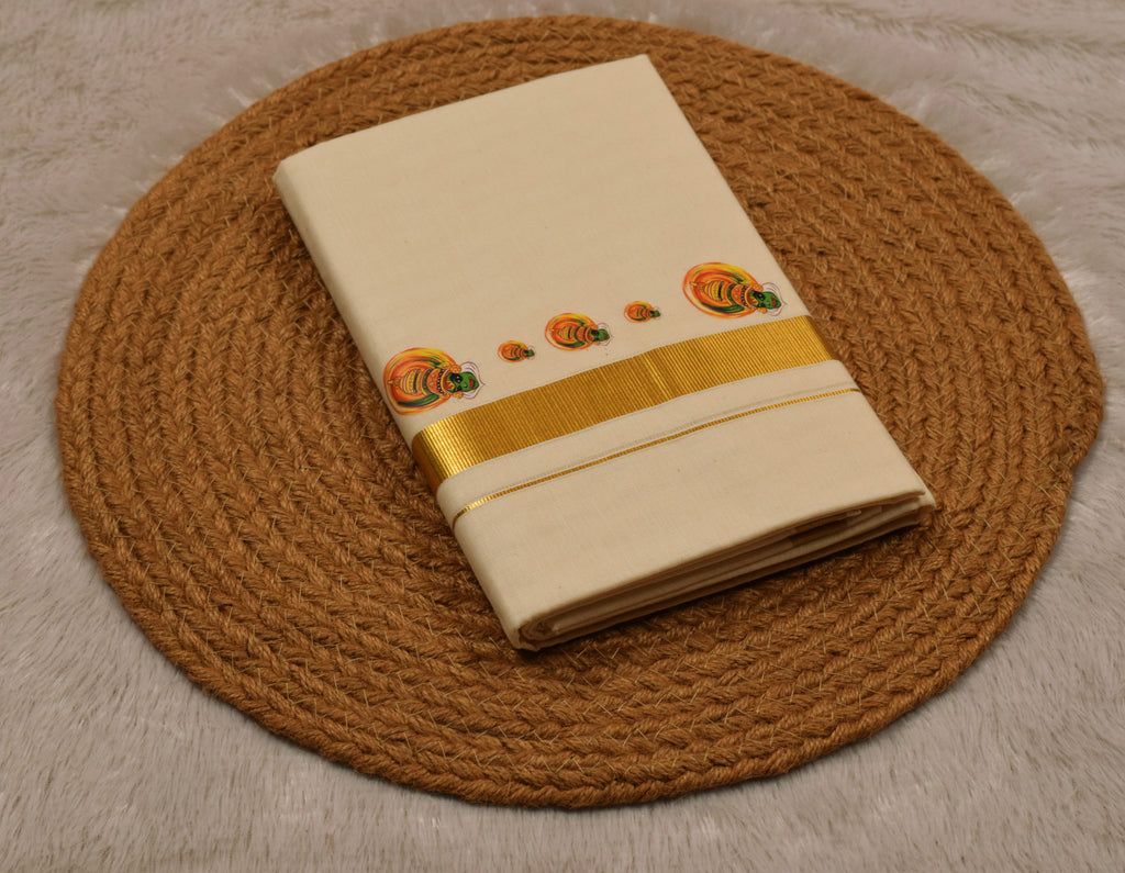 Kodi Color Cotton Blend Double Mundu with Kathakali Butta Sticker Print | Traditional Kerala Kasavu Dhoti