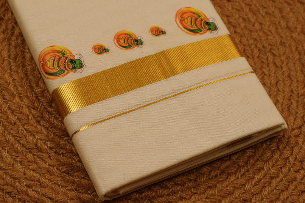 Kodi Color Cotton Blend Double Mundu with Kathakali Butta Sticker Print | Traditional Kerala Kasavu Dhoti