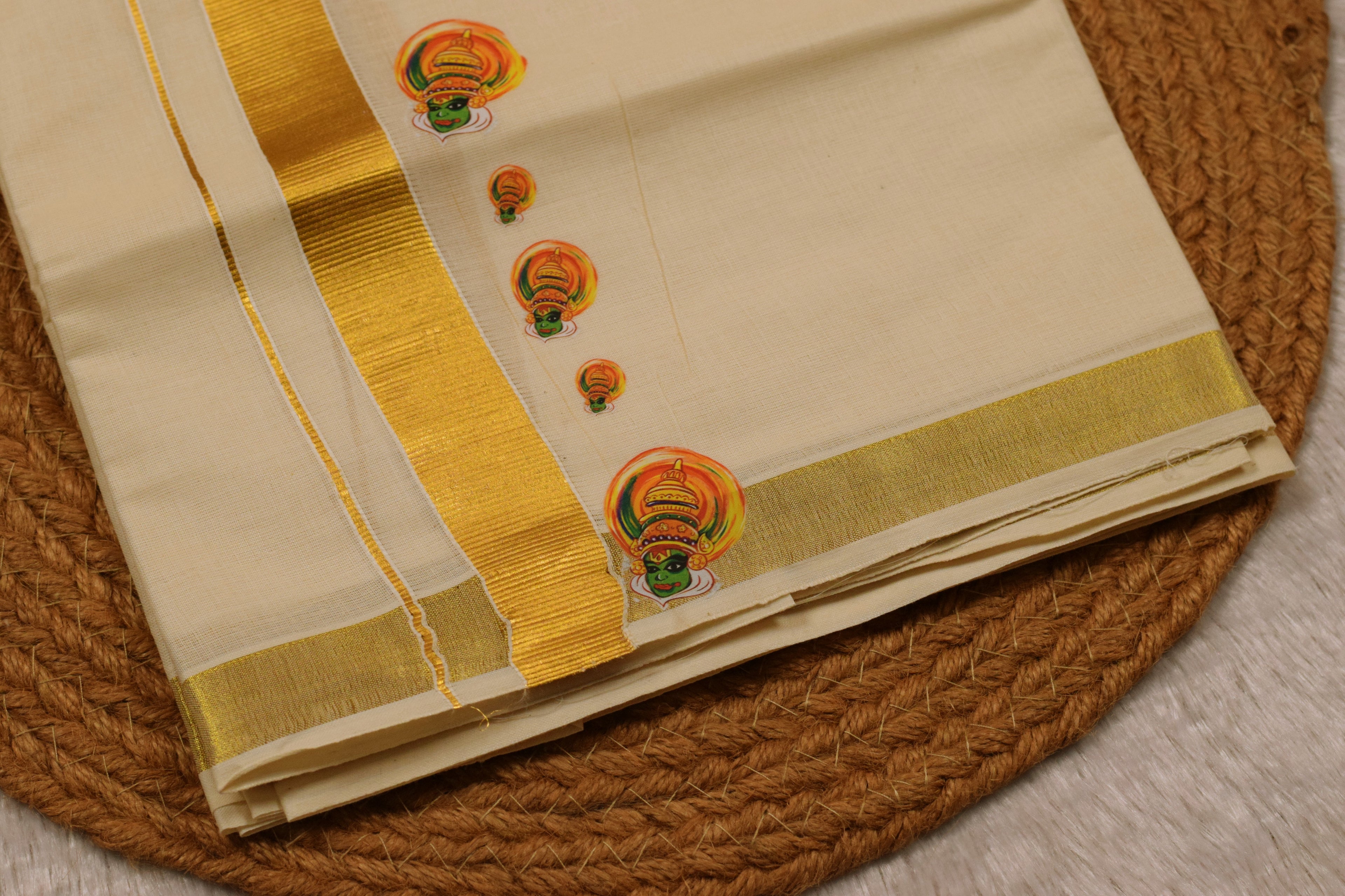 Kodi Color Cotton Blend Double Mundu with Kathakali Butta Sticker Print | Traditional Kerala Kasavu Dhoti