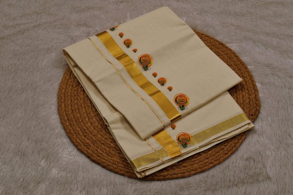 Kodi Color Cotton Blend Double Mundu with Kathakali Butta Sticker Print | Traditional Kerala Kasavu Dhoti
