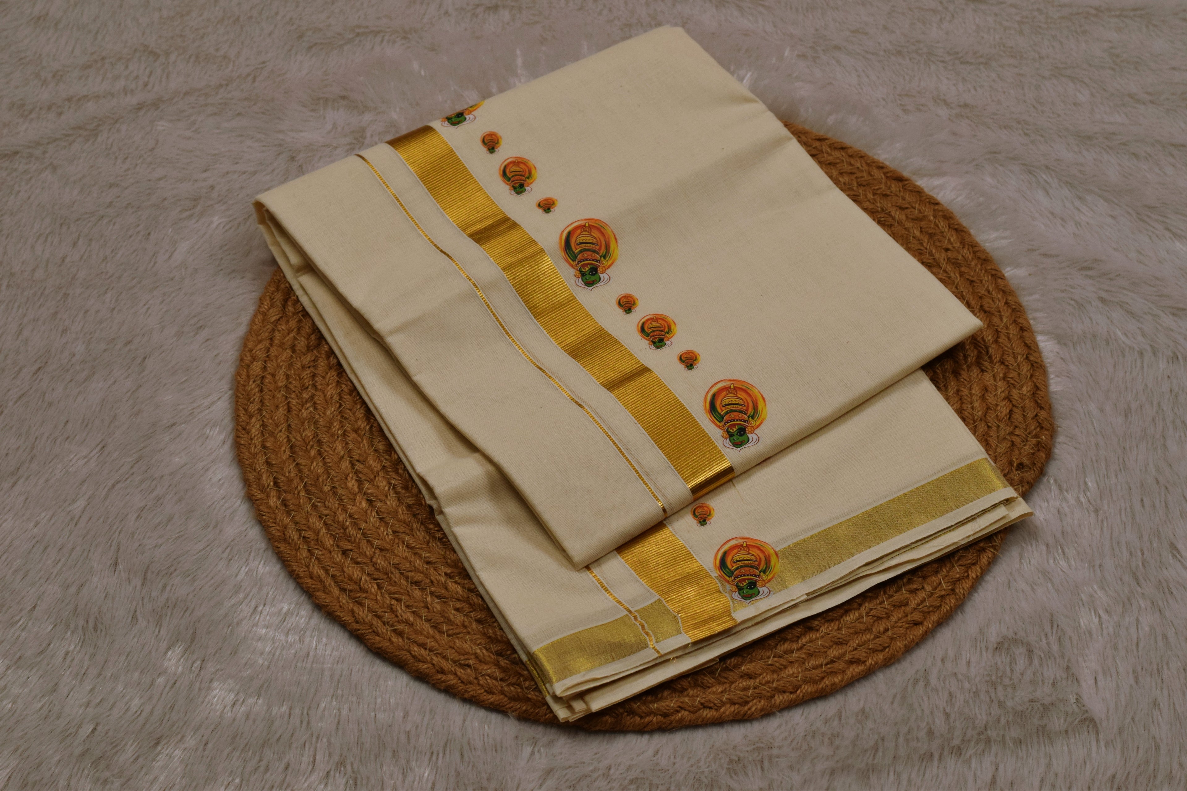 Kodi Color Cotton Blend Double Mundu with Kathakali Butta Sticker Print | Traditional Kerala Kasavu Dhoti