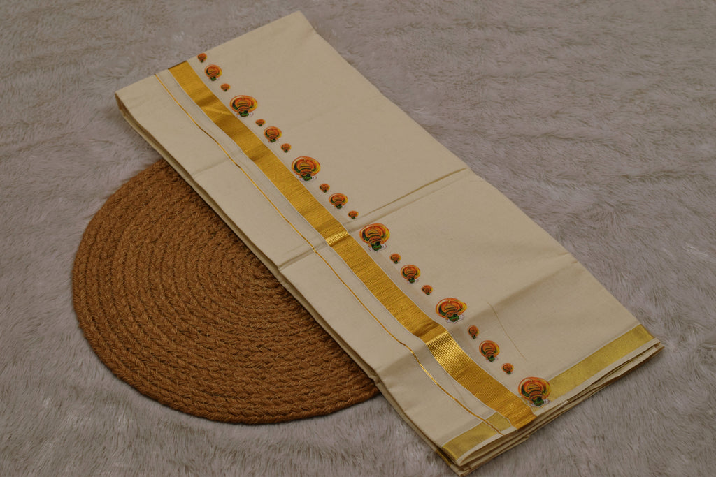 Kodi Color Cotton Blend Double Mundu with Kathakali Butta Sticker Print | Traditional Kerala Kasavu Dhoti
