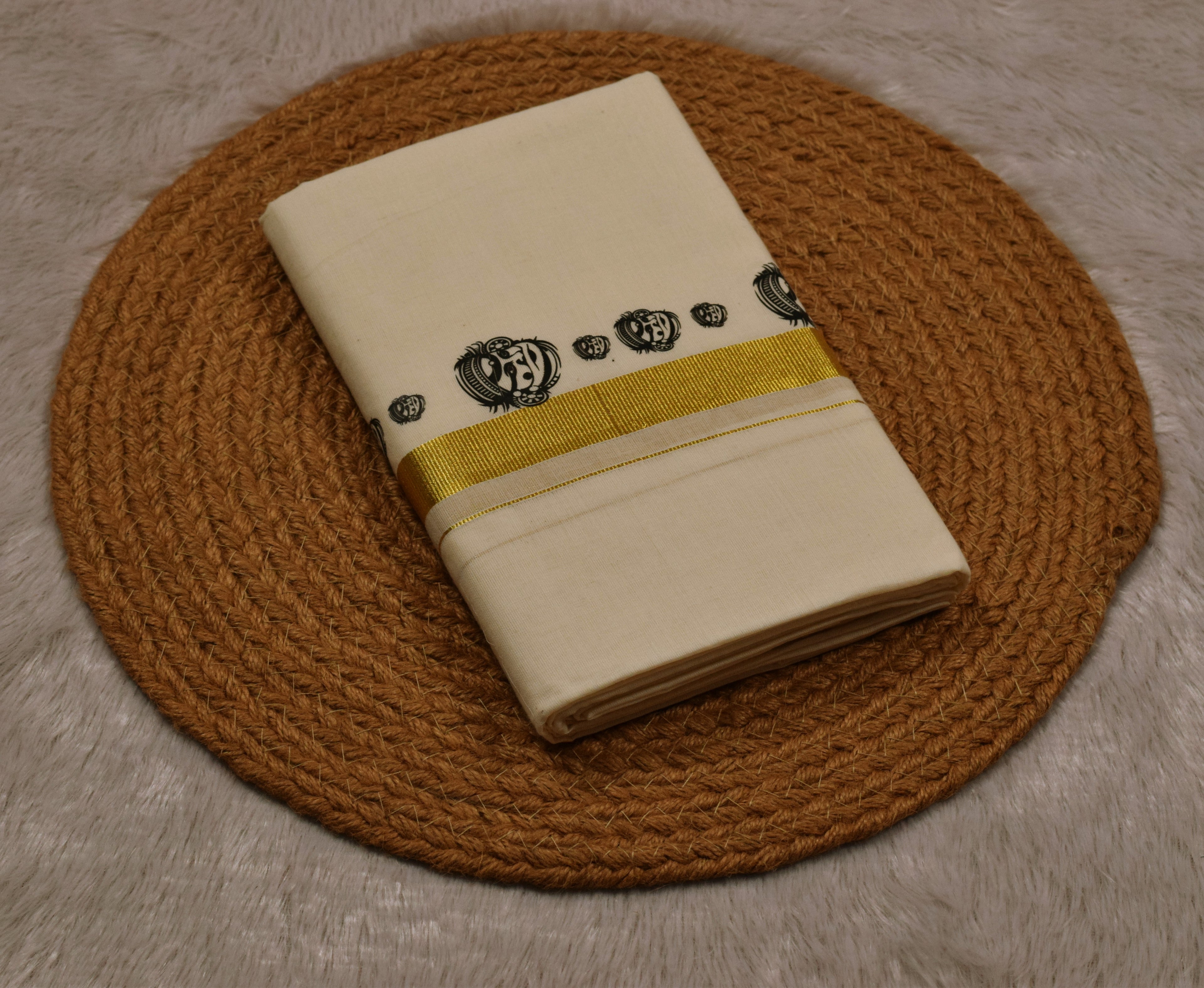 Kodi Color Cotton Blend Double Mundu with Kathakali Face Butta Sticker Print | Traditional Kerala Kasavu Dhoti