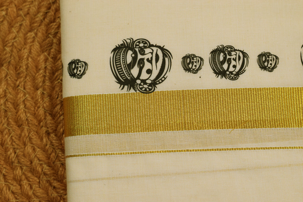 Kodi Color Cotton Blend Double Mundu with Kathakali Face Butta Sticker Print | Traditional Kerala Kasavu Dhoti
