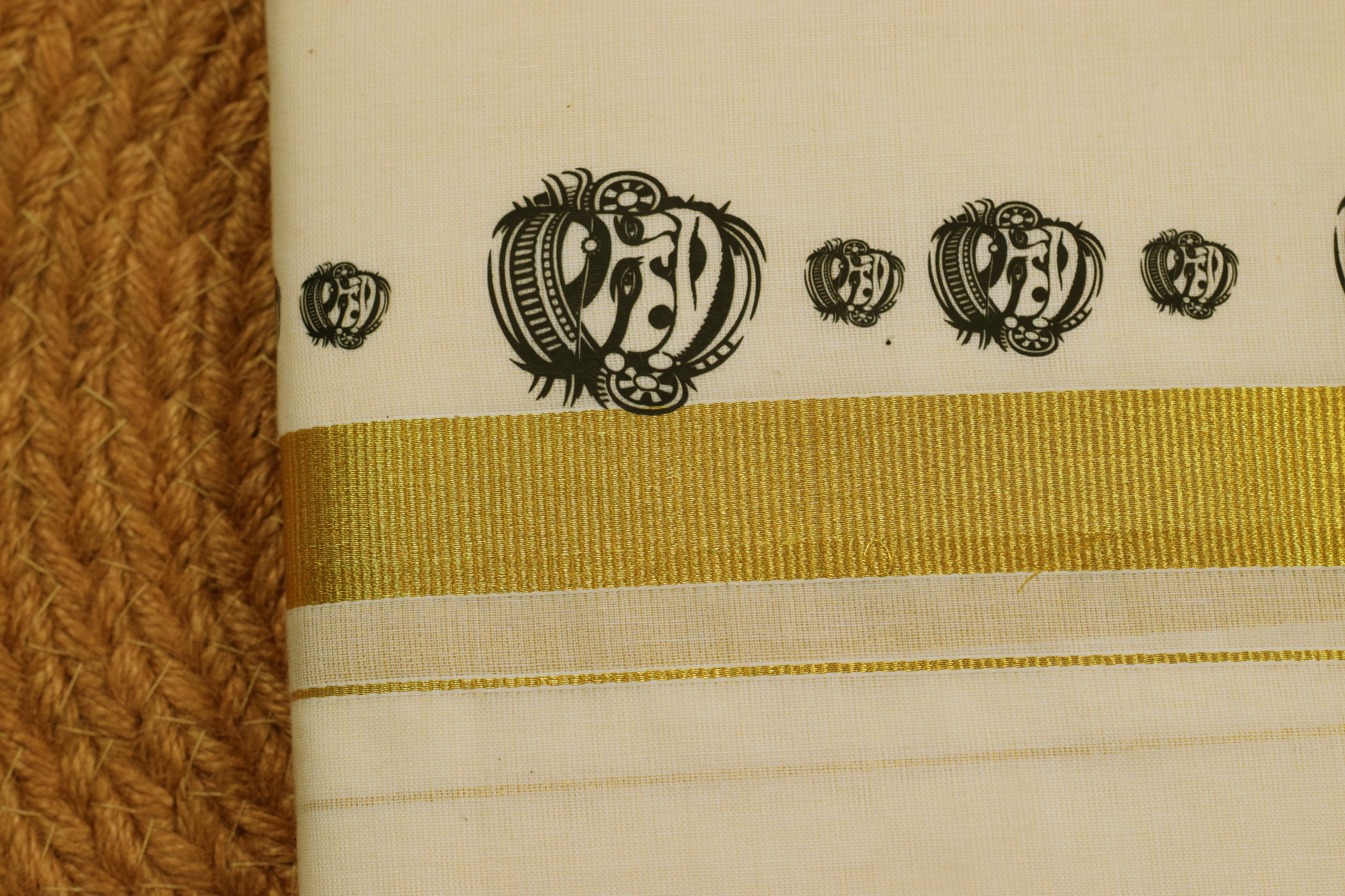 Kodi Color Cotton Blend Double Mundu with Kathakali Face Butta Sticker Print | Traditional Kerala Kasavu Dhoti