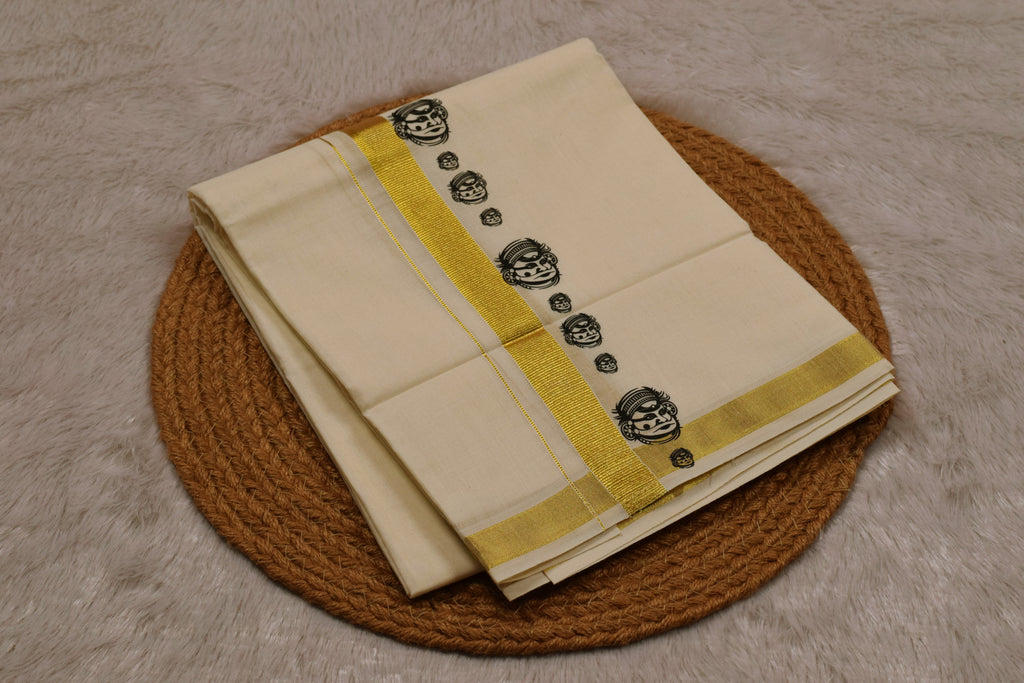 Kodi Color Cotton Blend Double Mundu with Kathakali Face Butta Sticker Print | Traditional Kerala Kasavu Dhoti