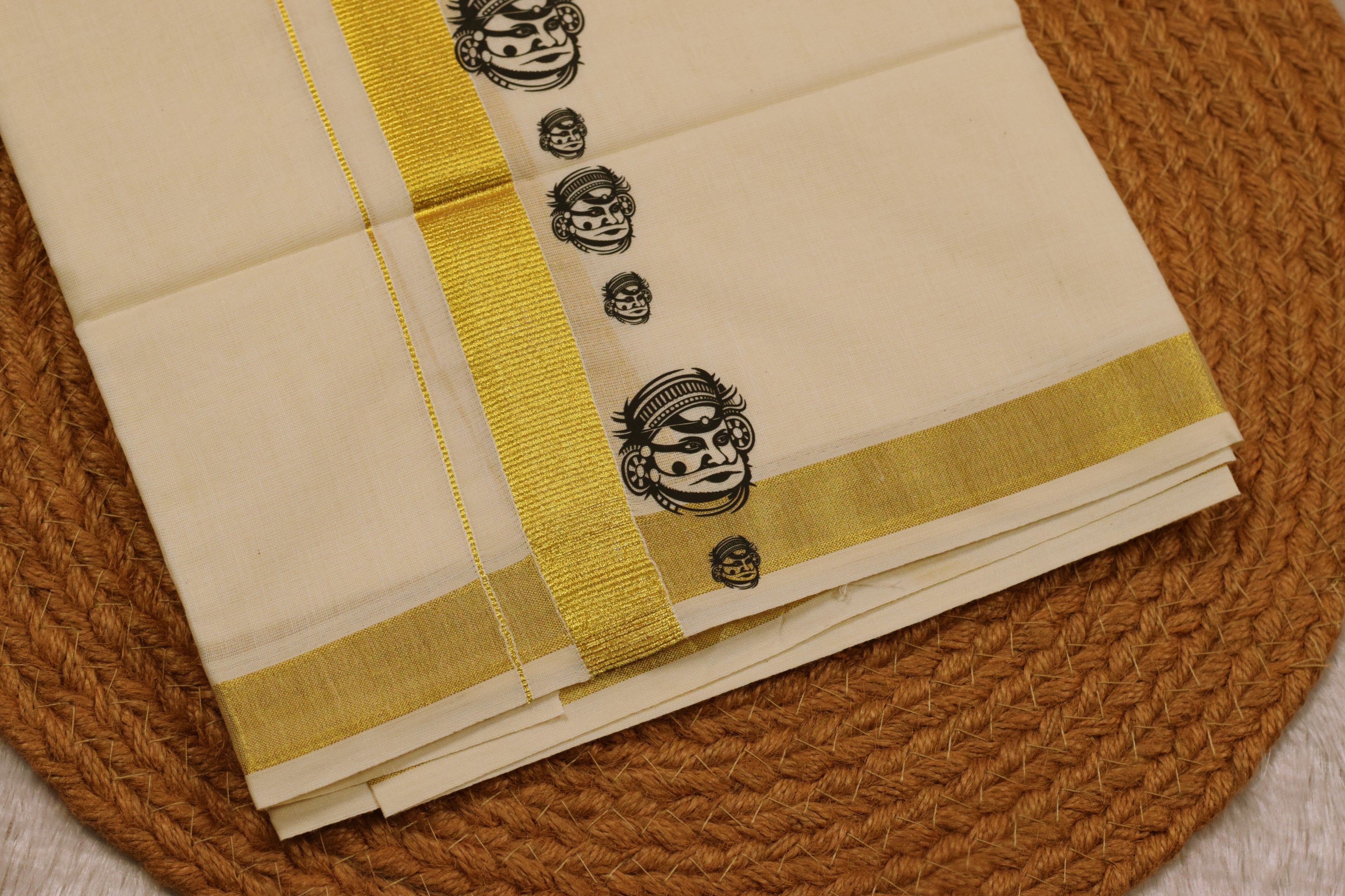 Kodi Color Cotton Blend Double Mundu with Kathakali Face Butta Sticker Print | Traditional Kerala Kasavu Dhoti