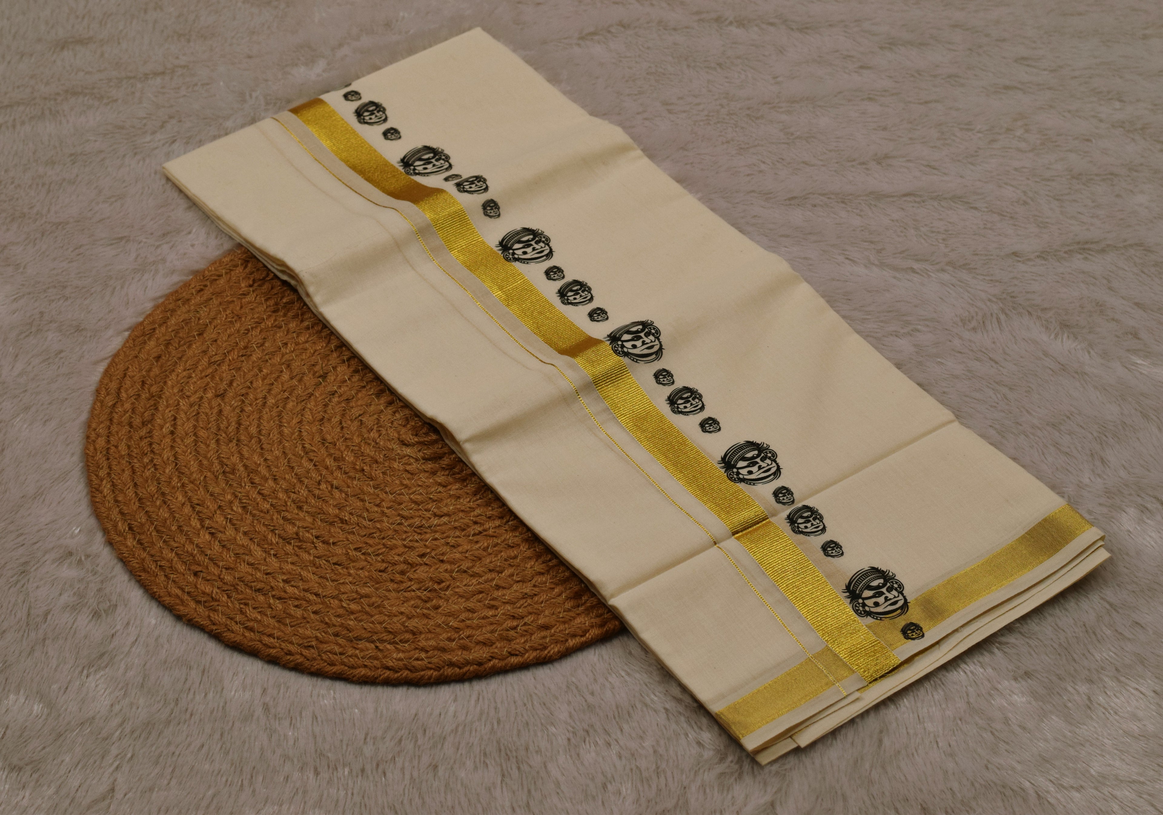 Kodi Color Cotton Blend Double Mundu with Kathakali Face Butta Sticker Print | Traditional Kerala Kasavu Dhoti