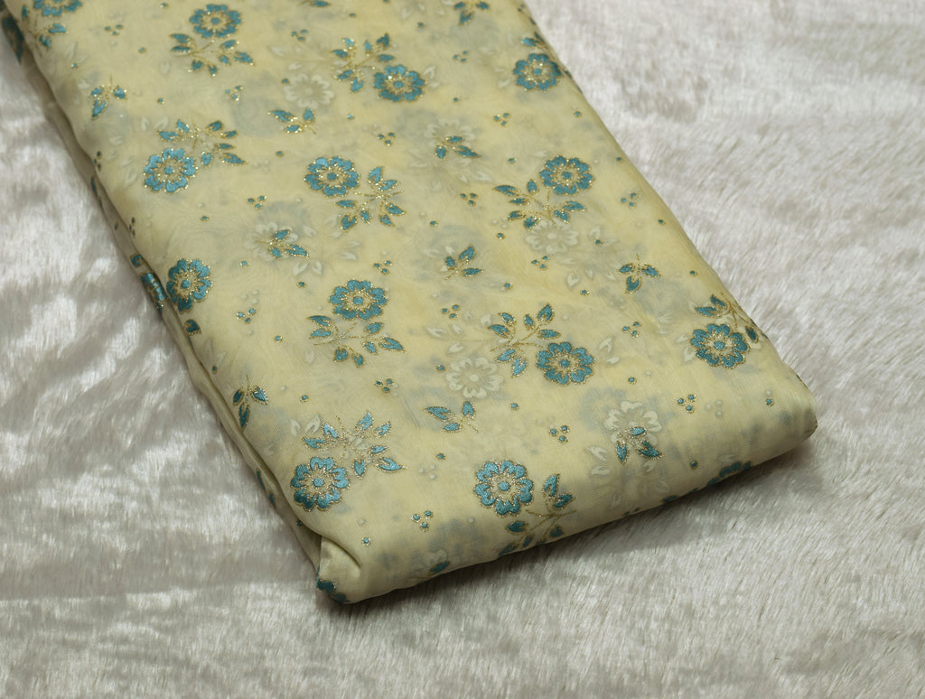 Pastel Yellow & Blue Floral Organza Fabric | Gold Foil Floral Print | 44 Inch Width | 2.5 Metres