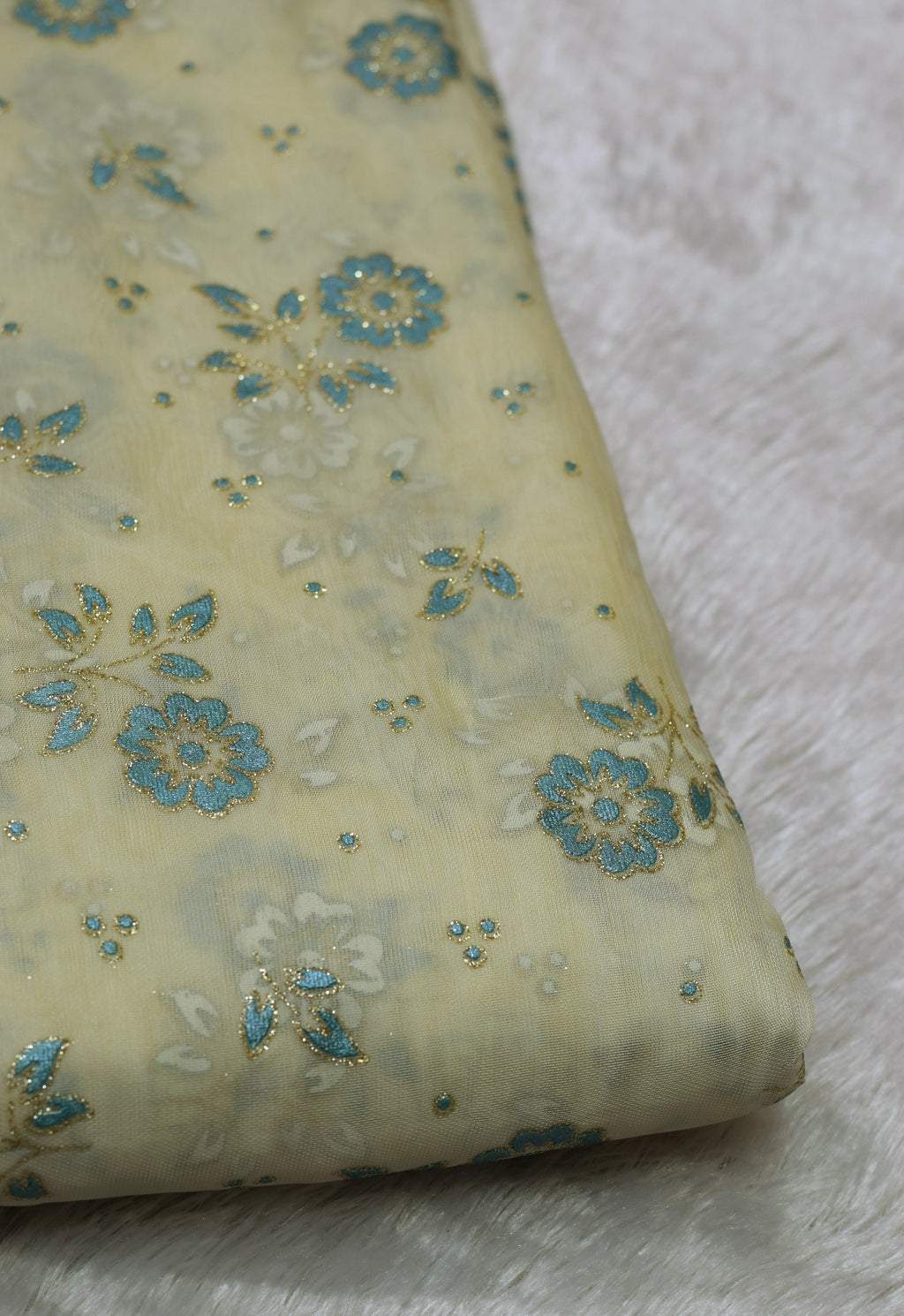 Pastel Yellow & Blue Floral Organza Fabric | Gold Foil Floral Print | 44 Inch Width | 2.5 Metres