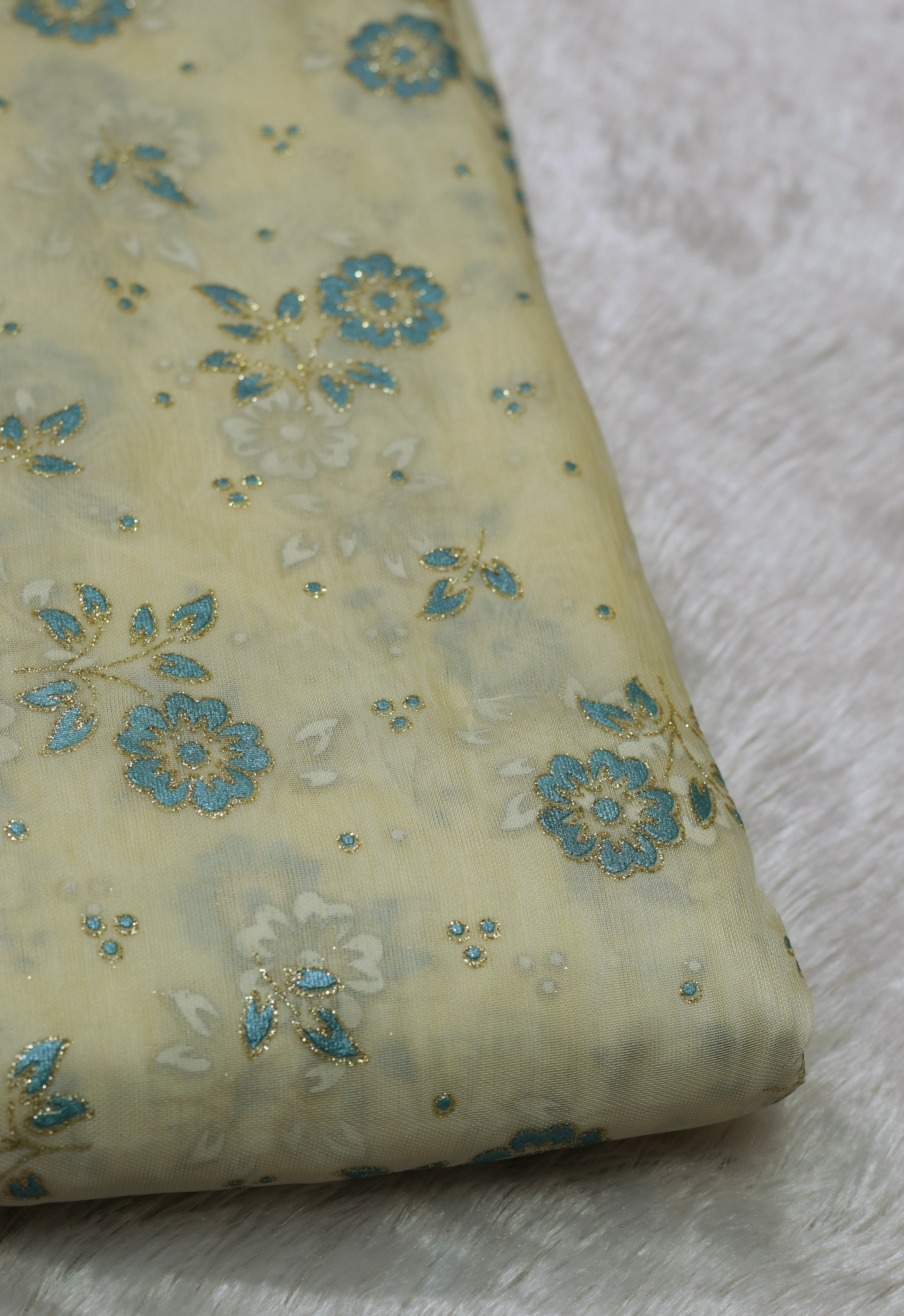 Pastel Yellow & Blue Floral Organza Fabric | Gold Foil Floral Print | 44 Inch Width | 2.5 Metres